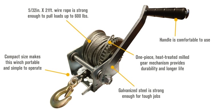 Ultra-Tow Single Speed Hand Winch with Wire Rope, 600-Lb. Load Capacity,  21ft. Rope