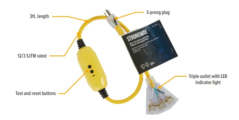 Strongway GFCI Lighted Triple Adapter, 3ft.L, 12/3-Ga, 15