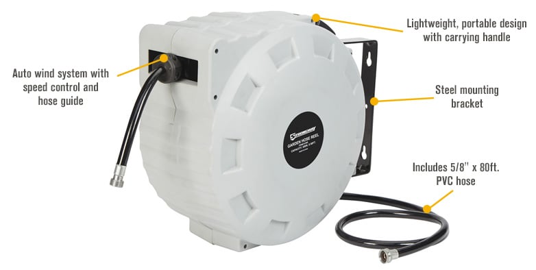 Strongway Retractable Garden Hose Reel with 5/8in. Dia. x 80ft.L Hose, Wall  Mount