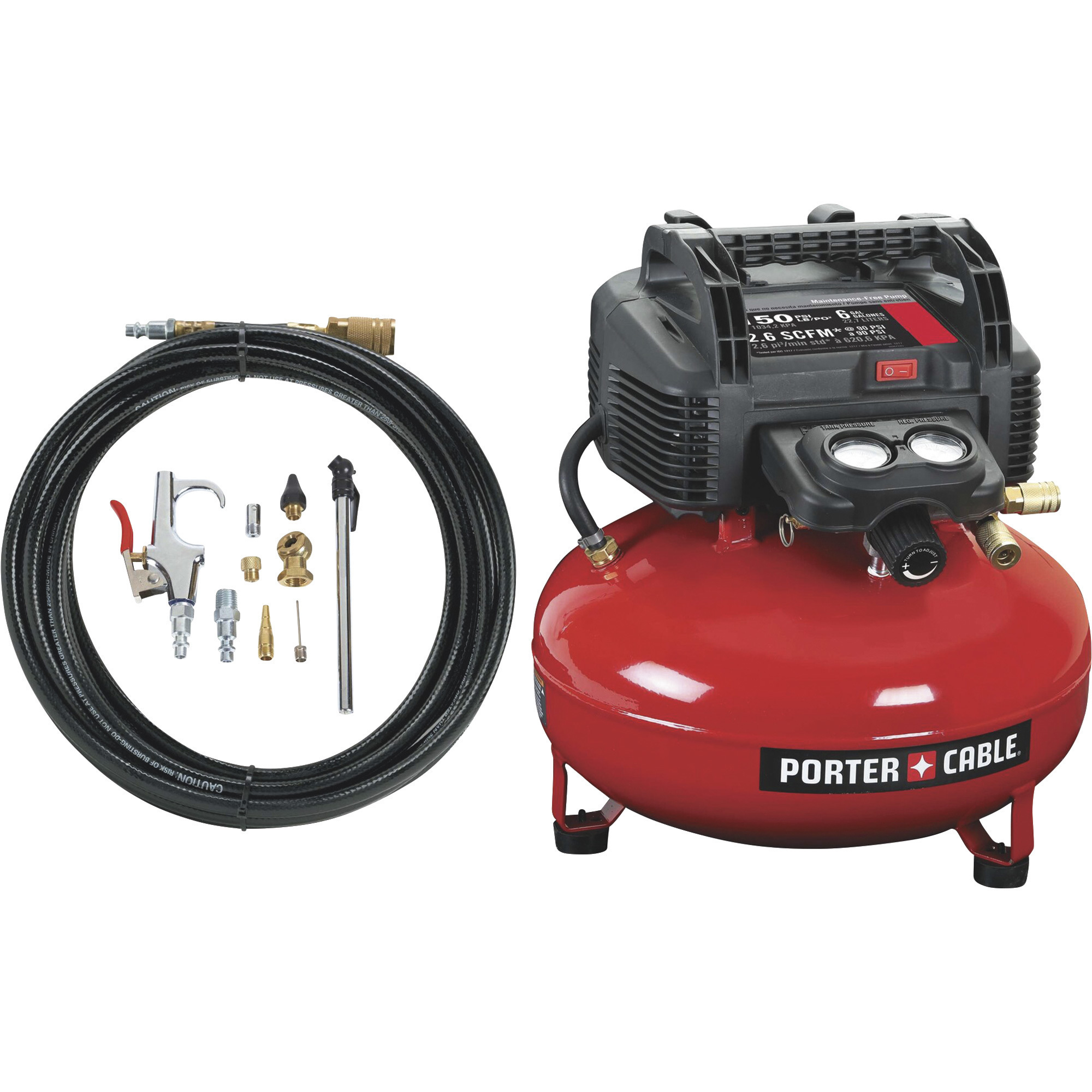 Porter Cable Portable Electric Pancake Air Compressor Kit, 0.8 HP, 6-Gallon, 2.6 CFM, Model C2002-WK