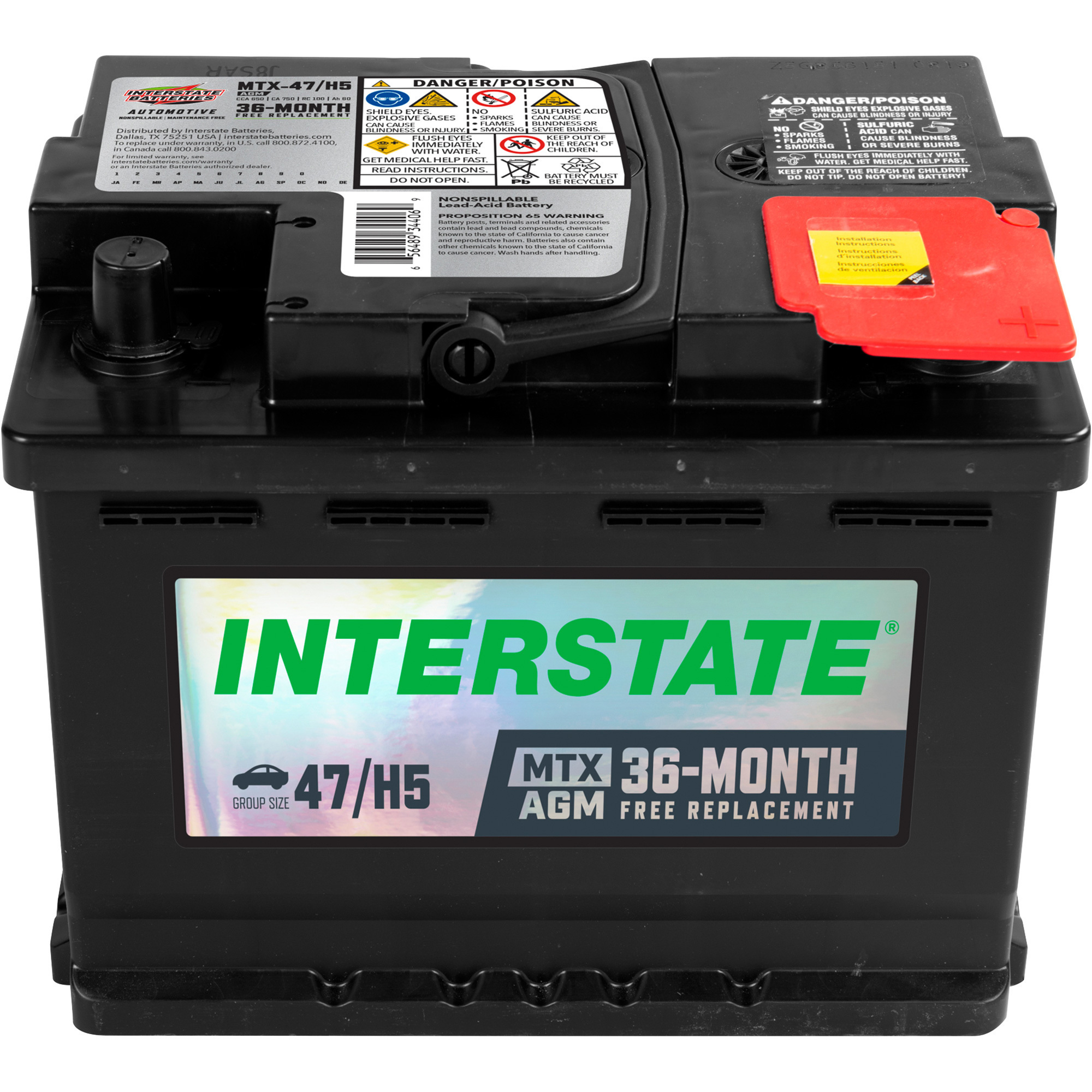 Interstate MTX Series Automotive Battery â Group Size H5, 12 Volt, 650 CCA, Absorbed Glass Mat, Model MTX-47/H5