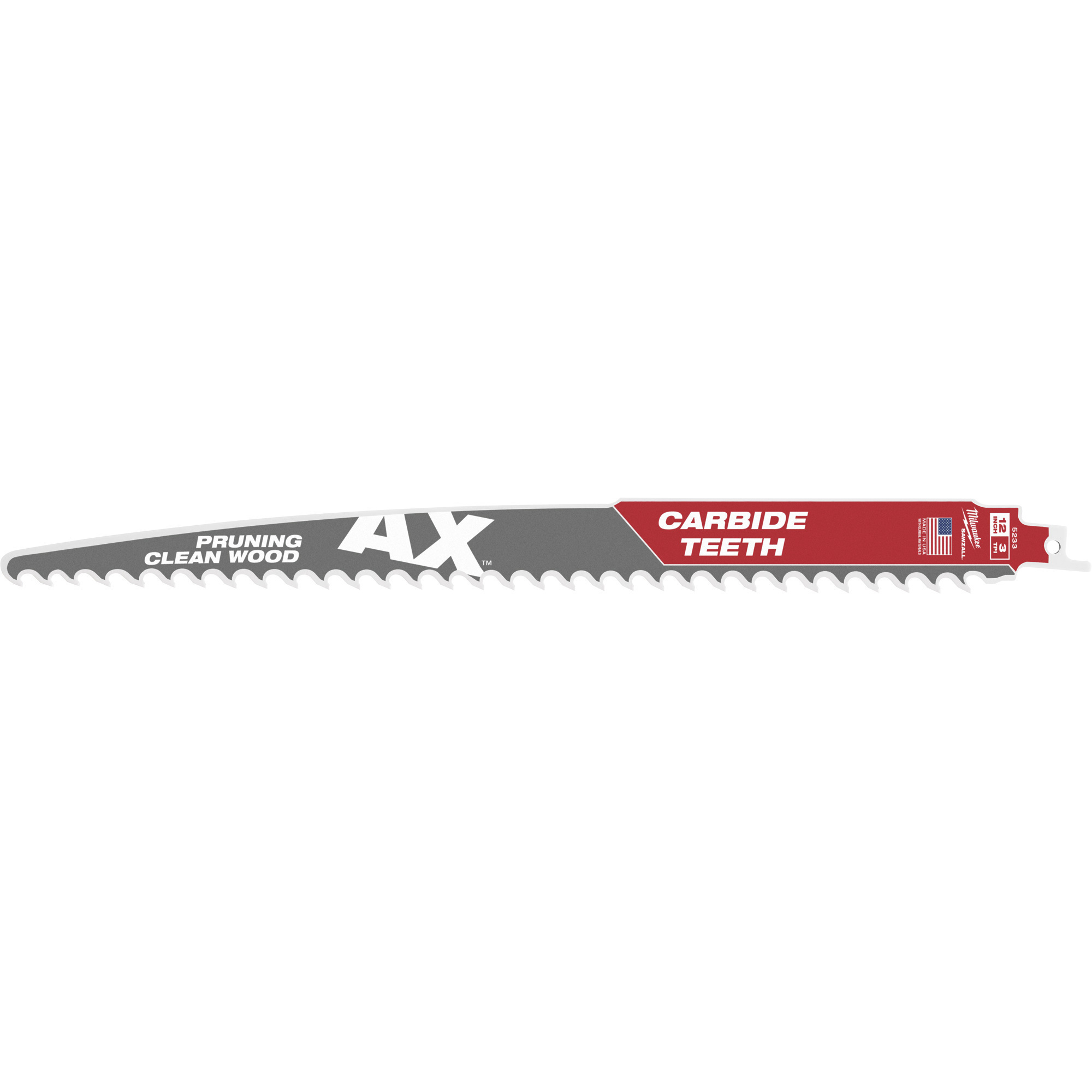 Milwaukee AX with Carbide Teeth for Pruning Clean Wood Sawzall Blades, 12Inch L, 3 TPI, Model 48-00-5233