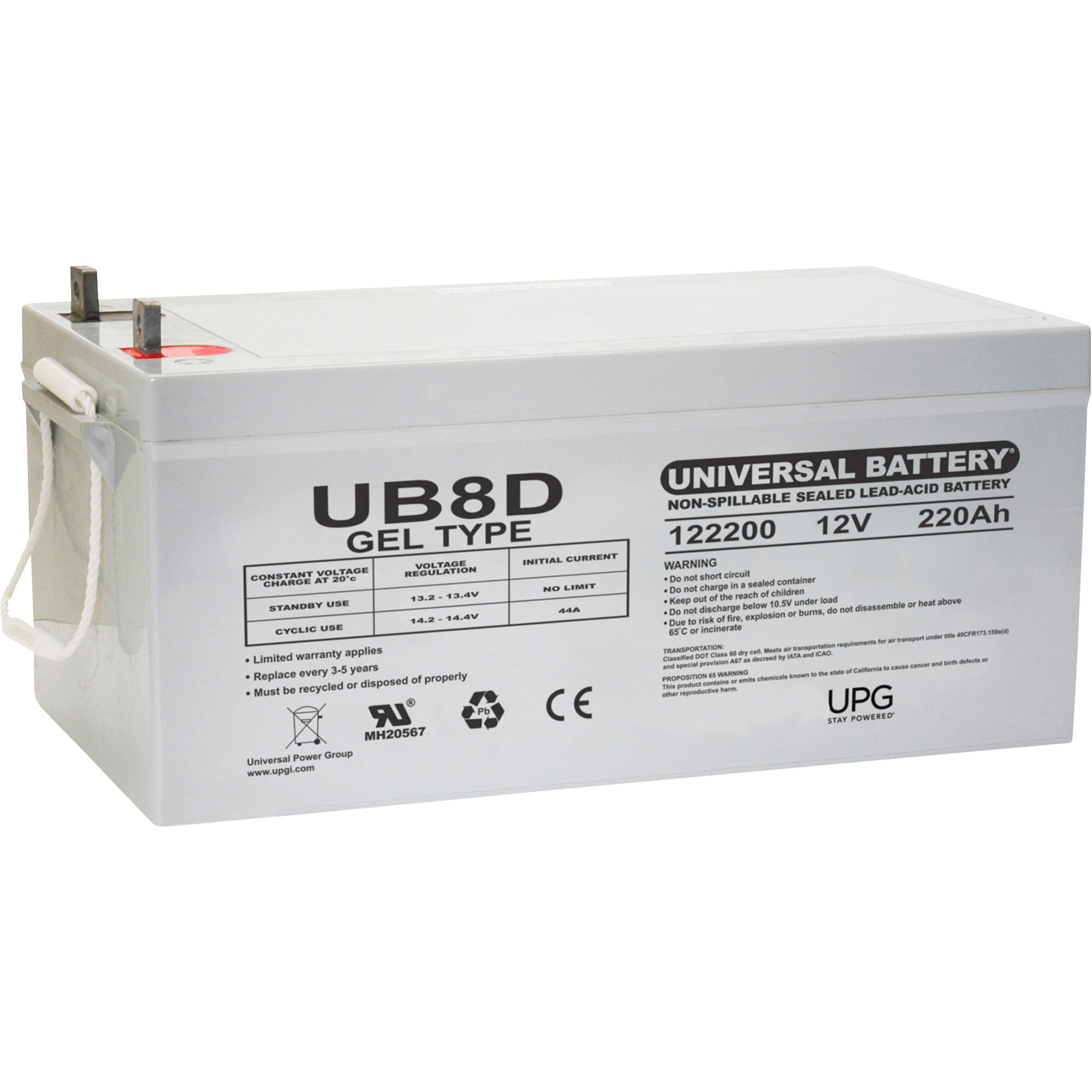 UPG Universal Sealed Lead-Acid Battery, GEL-type, 12V, 220 Ah, Group 8D, Model UB-8D