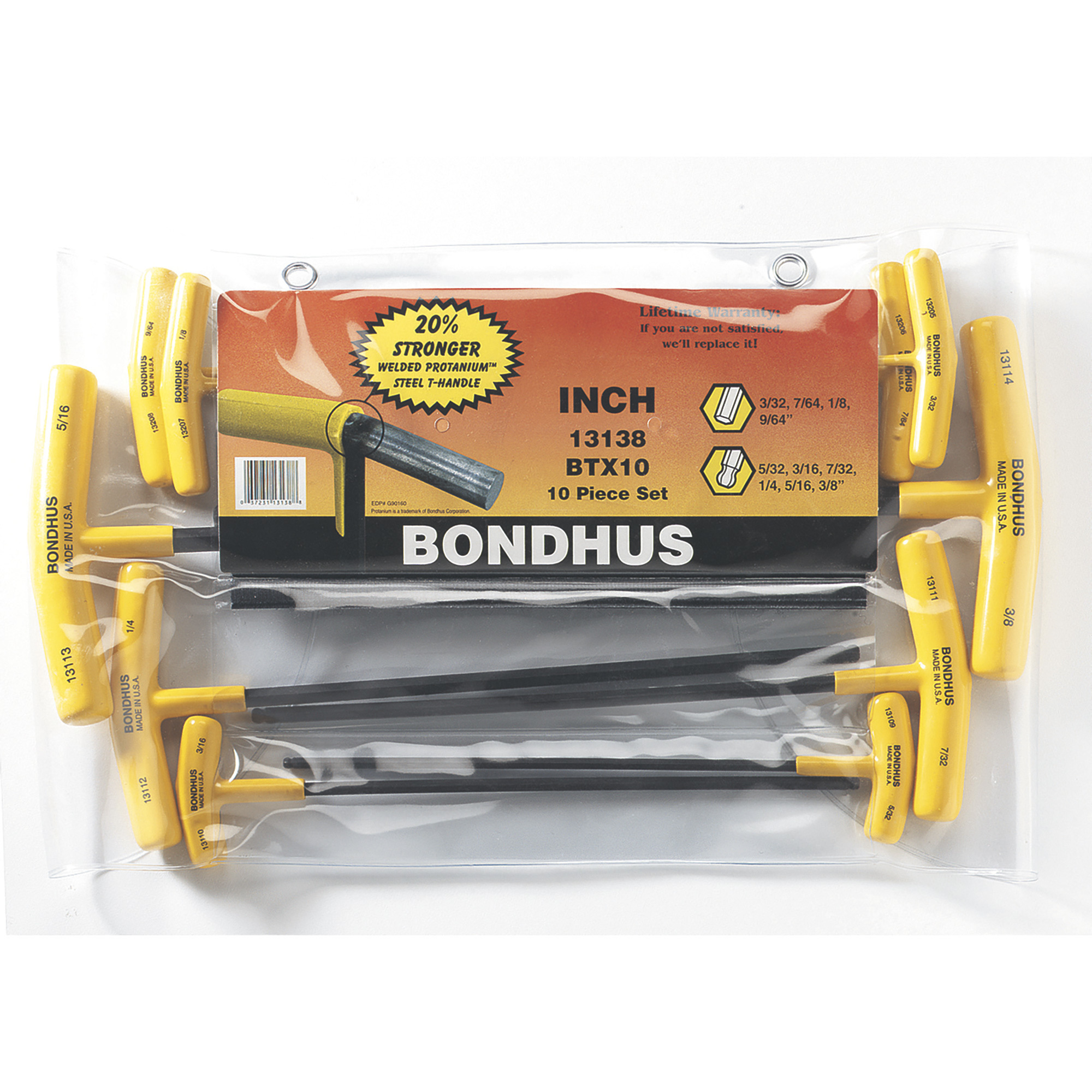Bondhus 10-Piece Hex and Ball End Tip Graduated Length Driver Set — SAE, T-Handled, Model 13138 -  162-13138