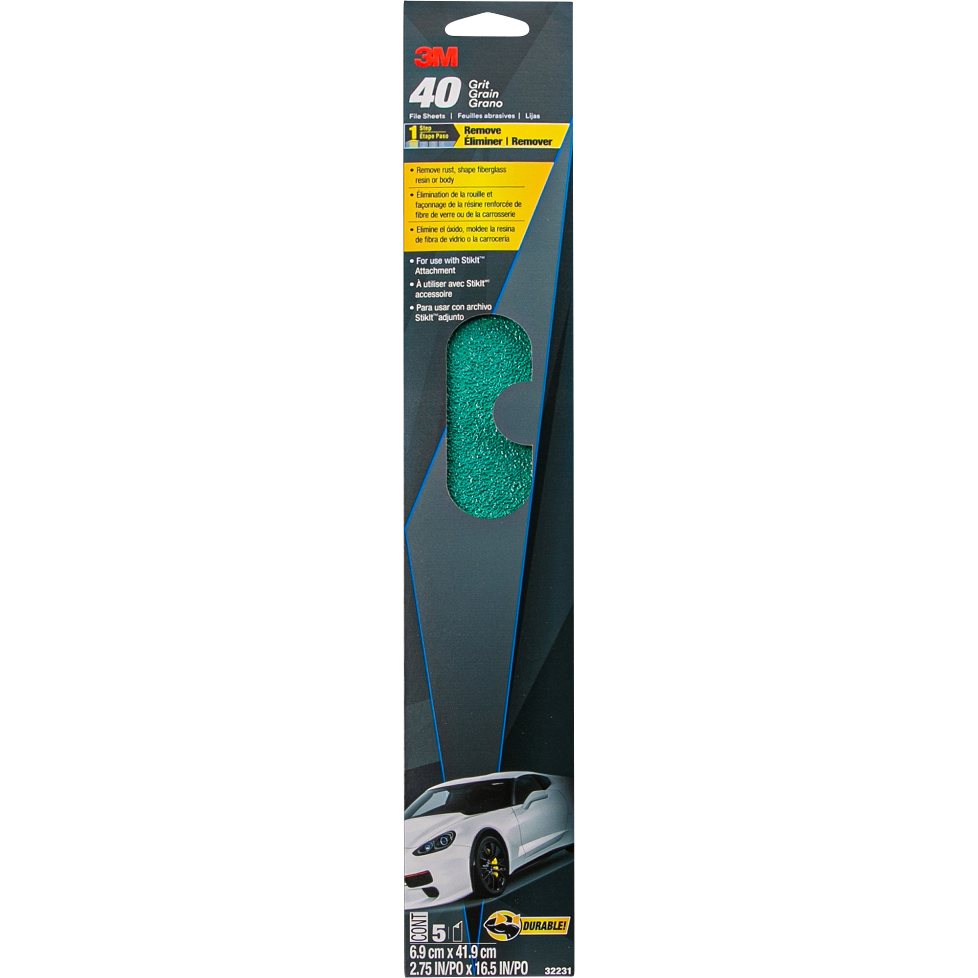 3M Green Corps 40-Grit Clip-On File Sheet, 5-Pack, 2.75Inch x 16.5Inch, Model 32231