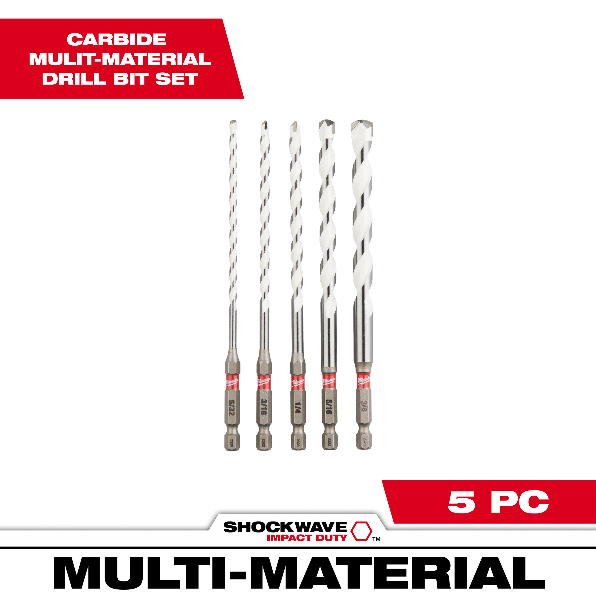 Milwaukee Shockwave Carbide Multi-Material Drill Bits, 5-Piece Set, Model 48-20-8898