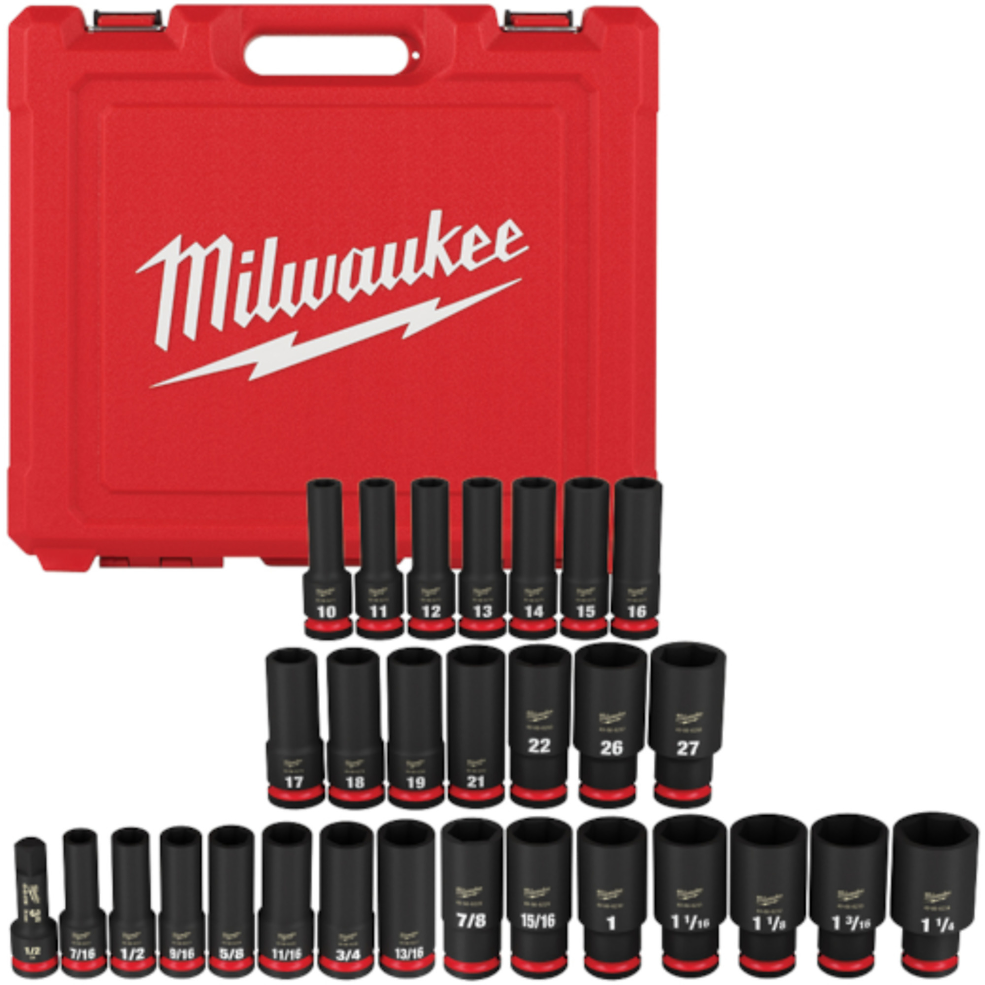 Milwaukee Shockwave Impact Duty 1/2Inch-Drive SAE and Metric Deep 6-Point Socket Set, 29-Piece, Model 49-66-7016