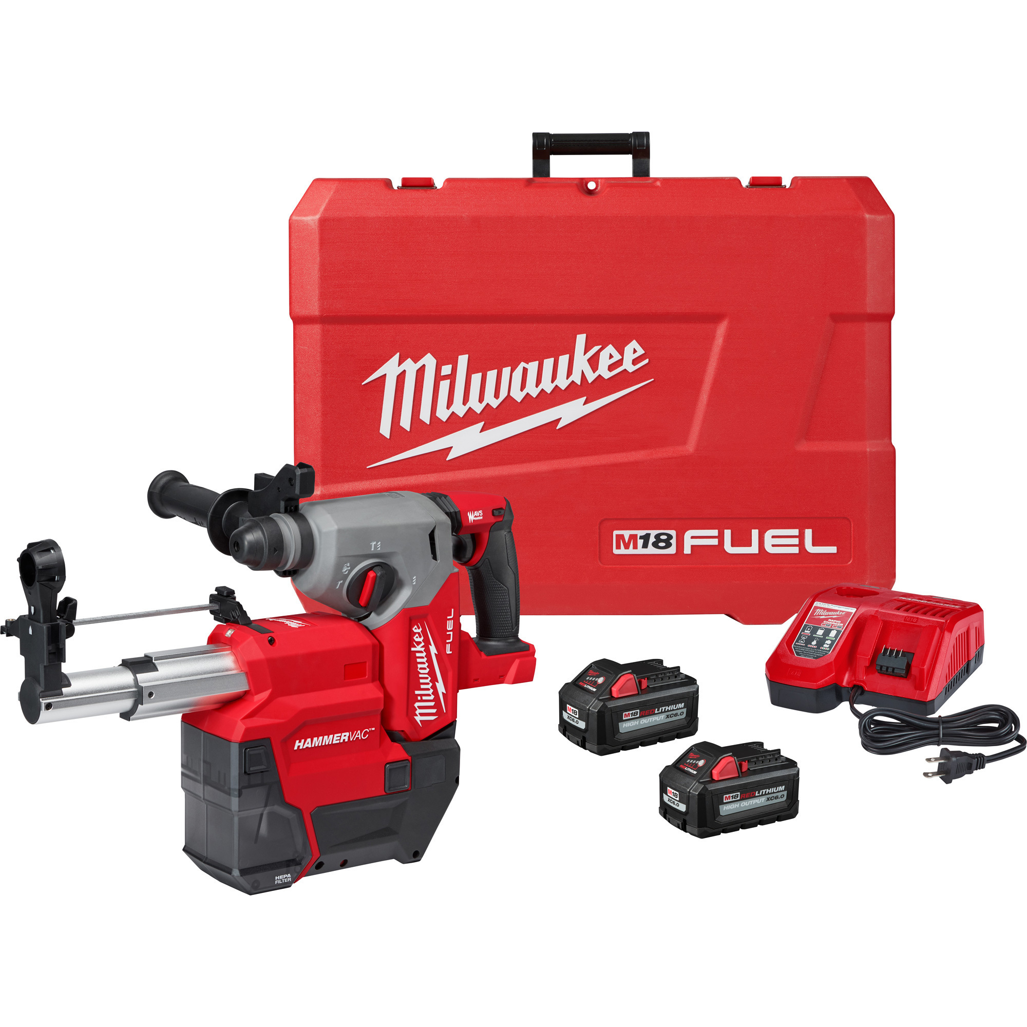 Milwaukee M18 FUEL 1Inch SDS Plus Rotary Hammer with Dust Extractor Kit, 2 Batteries, Model 2912-22DE