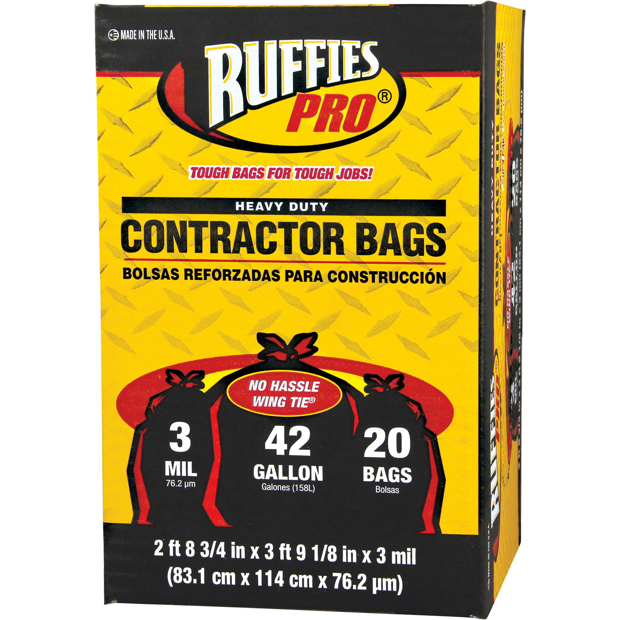 Ruffies Pro 42-Gallon Contractor Bags, 20-Count, 3 Mil, Wing Tie