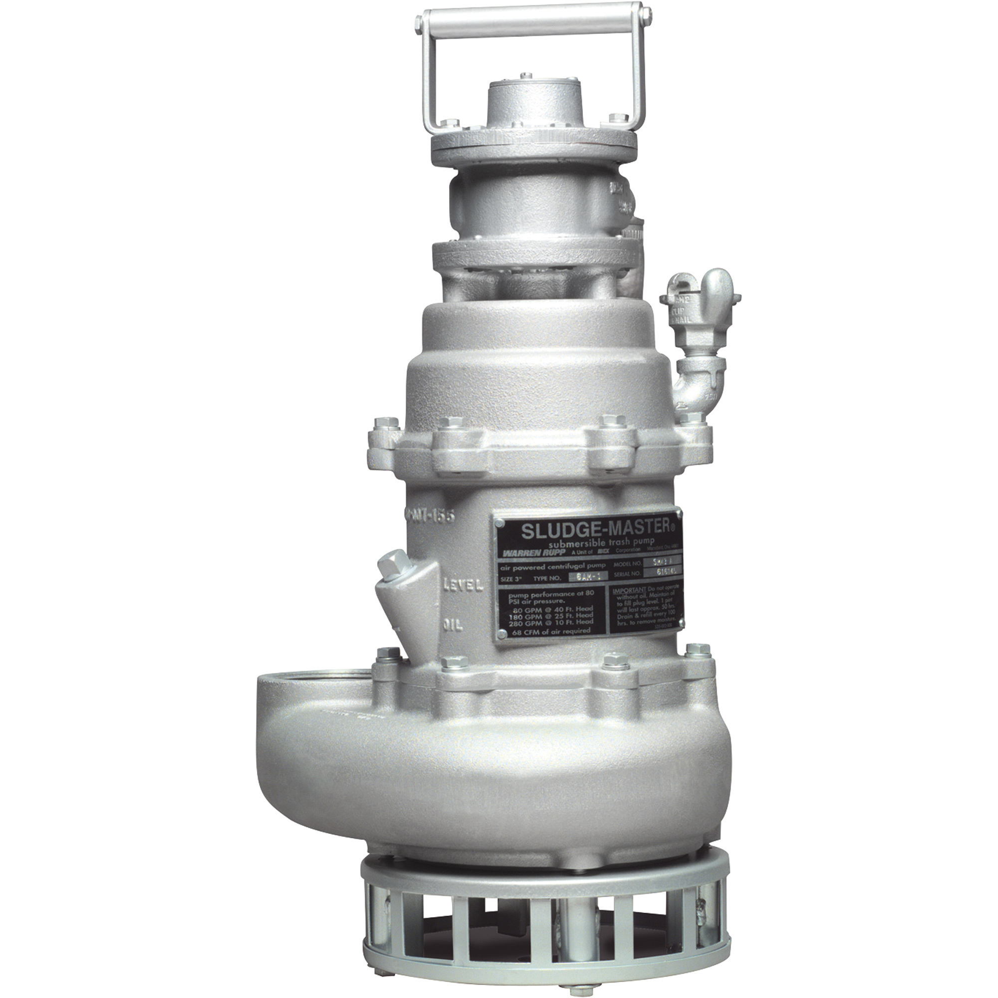 Sludge Master Air-Powered Self-Priming Submersible Trash Water Pump â 18,000 GPH, 2 1/2 HP, 3Inch Port, Model SMA3-A, 6AM1