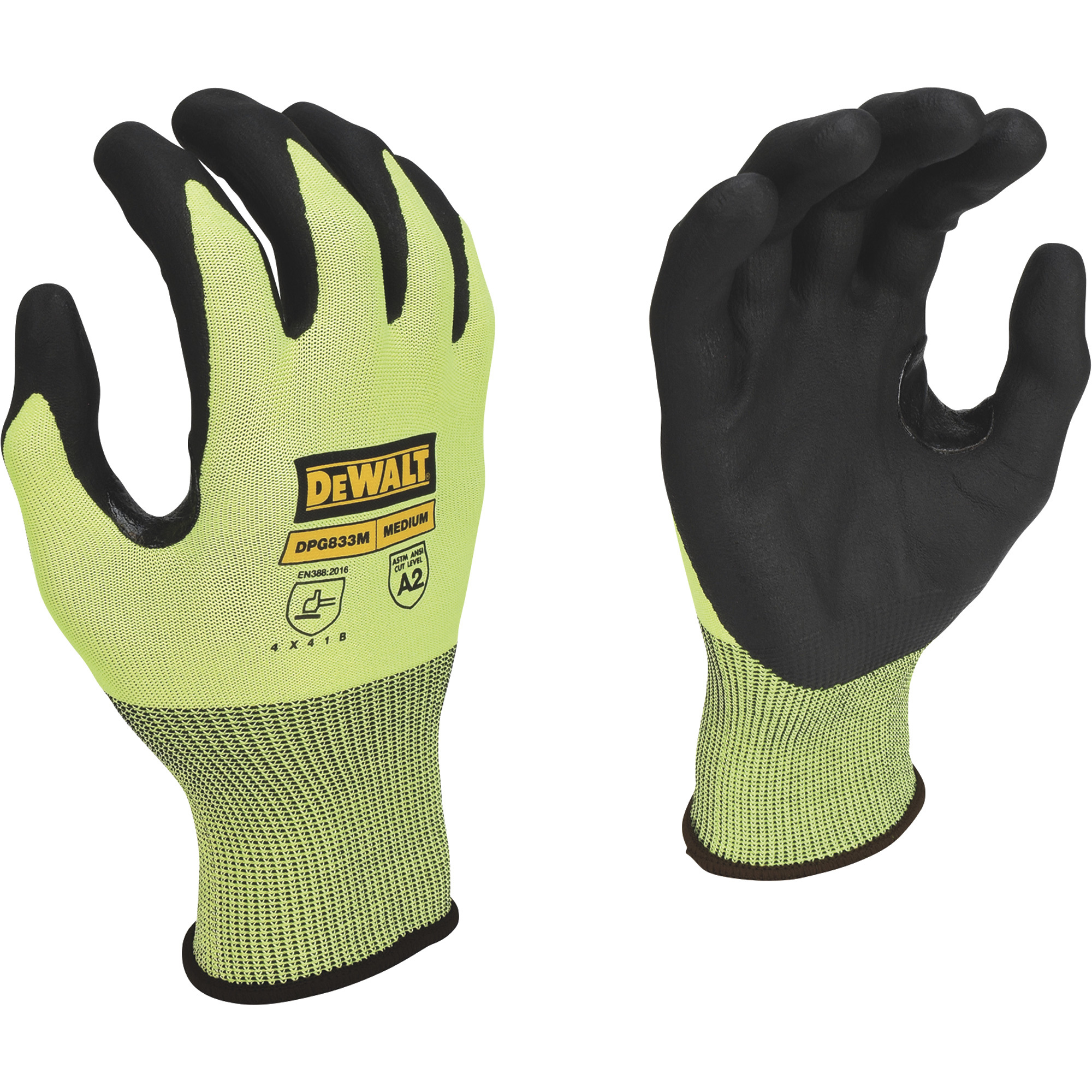 DEWALT 18-Gauge HPPE Cut-Resistant Level A2 Gloves â Hi-Vis Green/Black, Large, Model DPG833TL