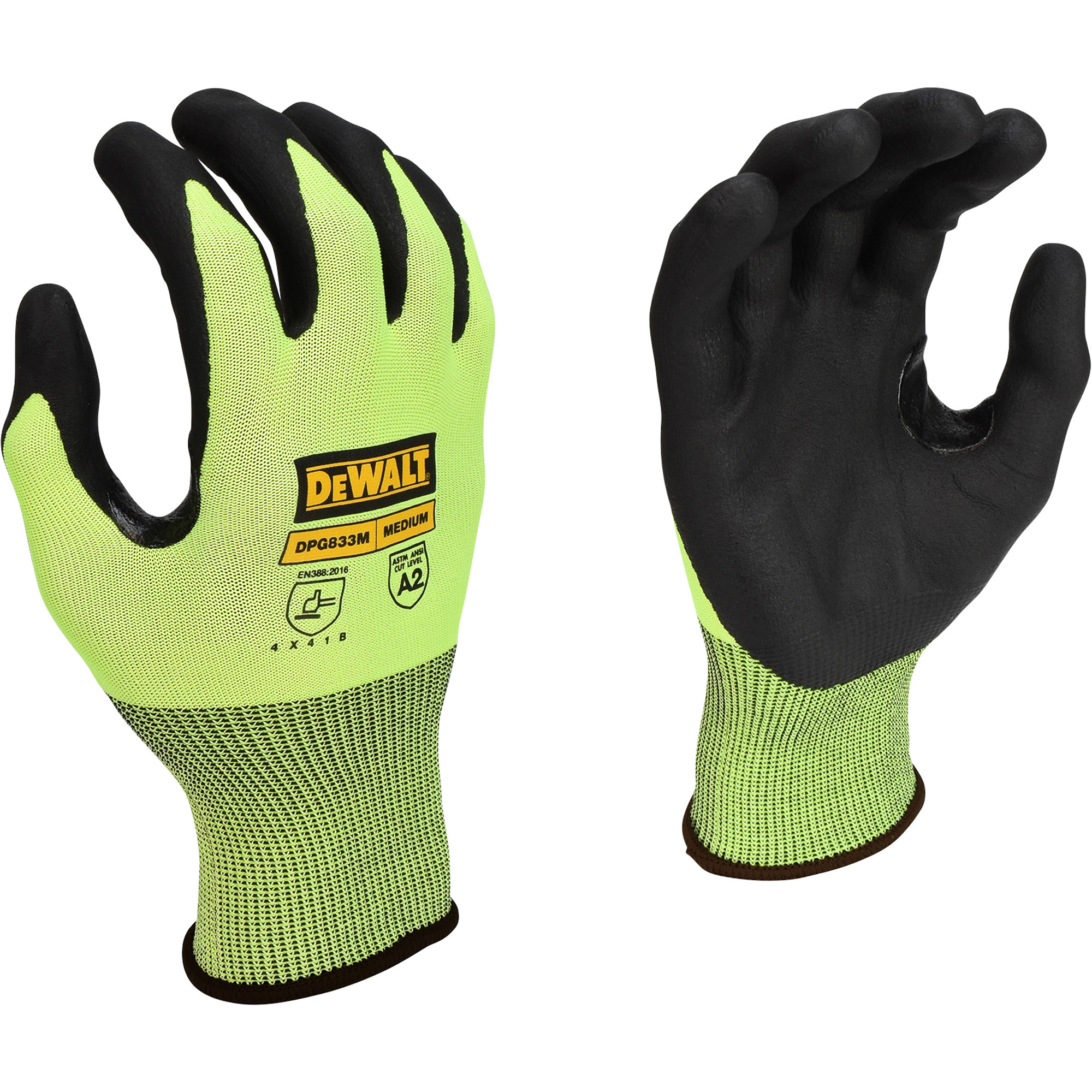 DEWALT 18-Gauge HPPE Cut-Resistant Level A2 Gloves â Hi-Vis Green/Black, Medium, Model DPG833TM
