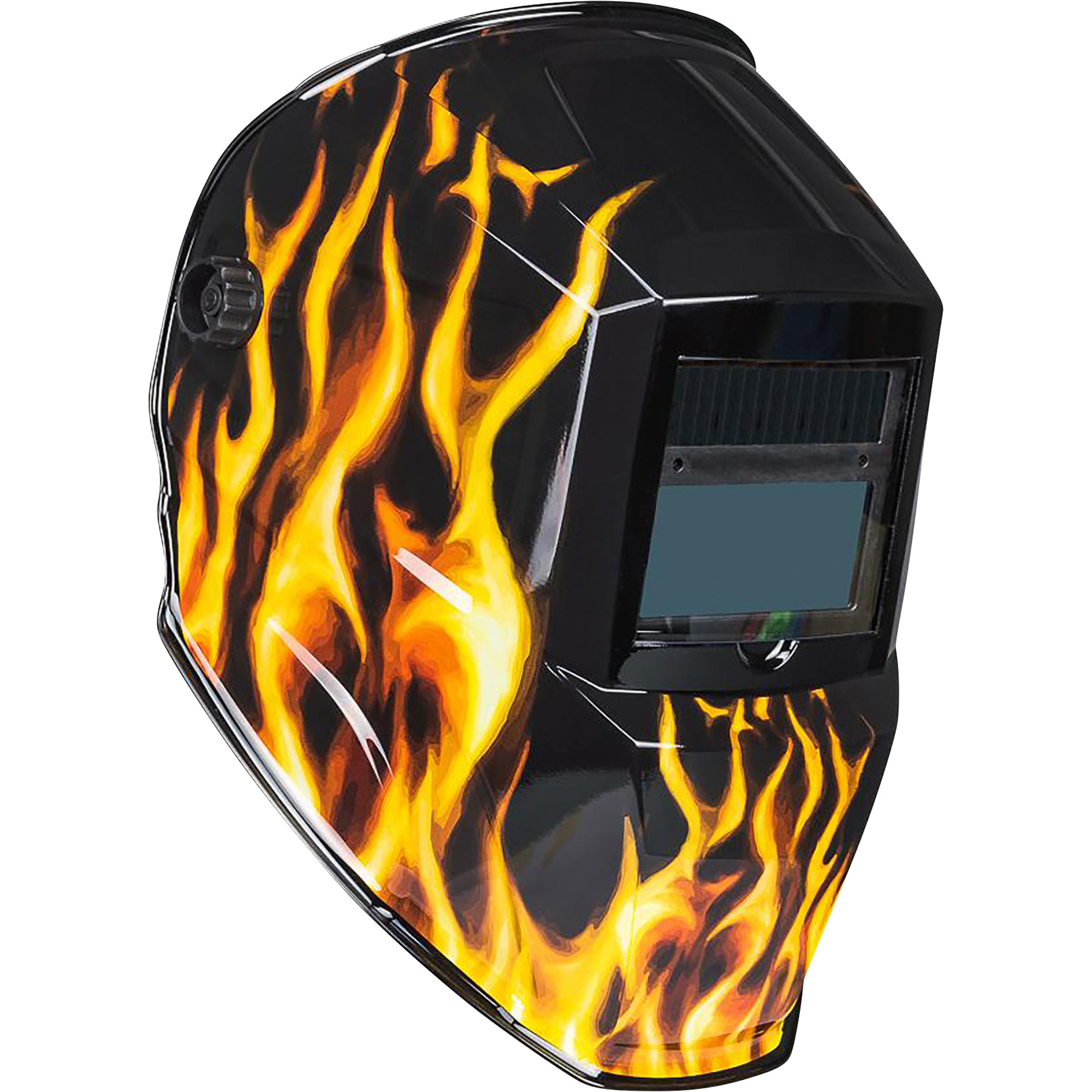 Forney Auto-Darkening Variable-Shade Welding Helmet with Grind Mode and HD Optical Clarity â DIN 9â13, Scorch Flame Graphic, Model 55859