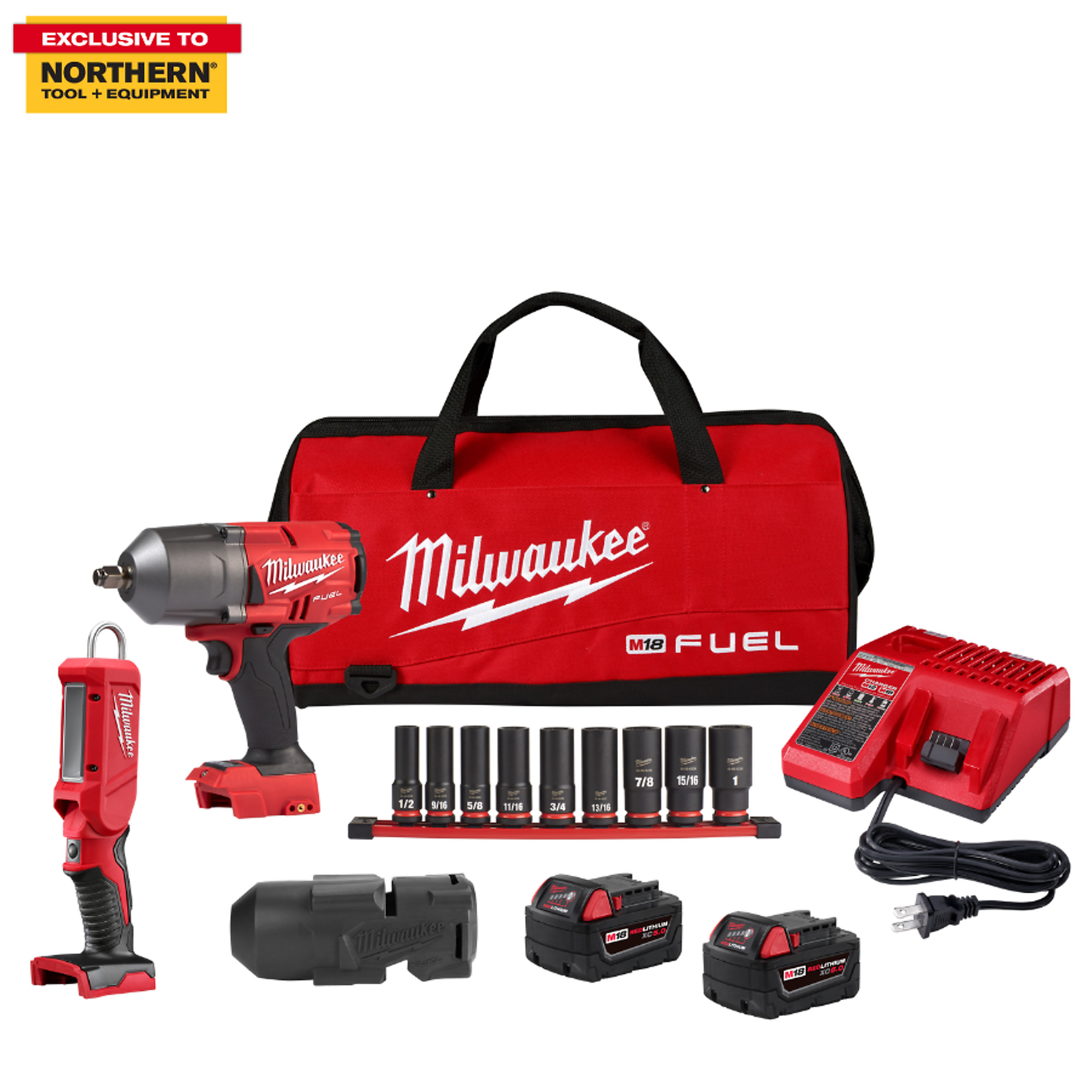 Milwaukee M18 FUEL Lithium-Ion 1/2Inch Impact Wrench, LED Stick Light and Impact Socket Set, 2 Batteries, Model 2767-22S2