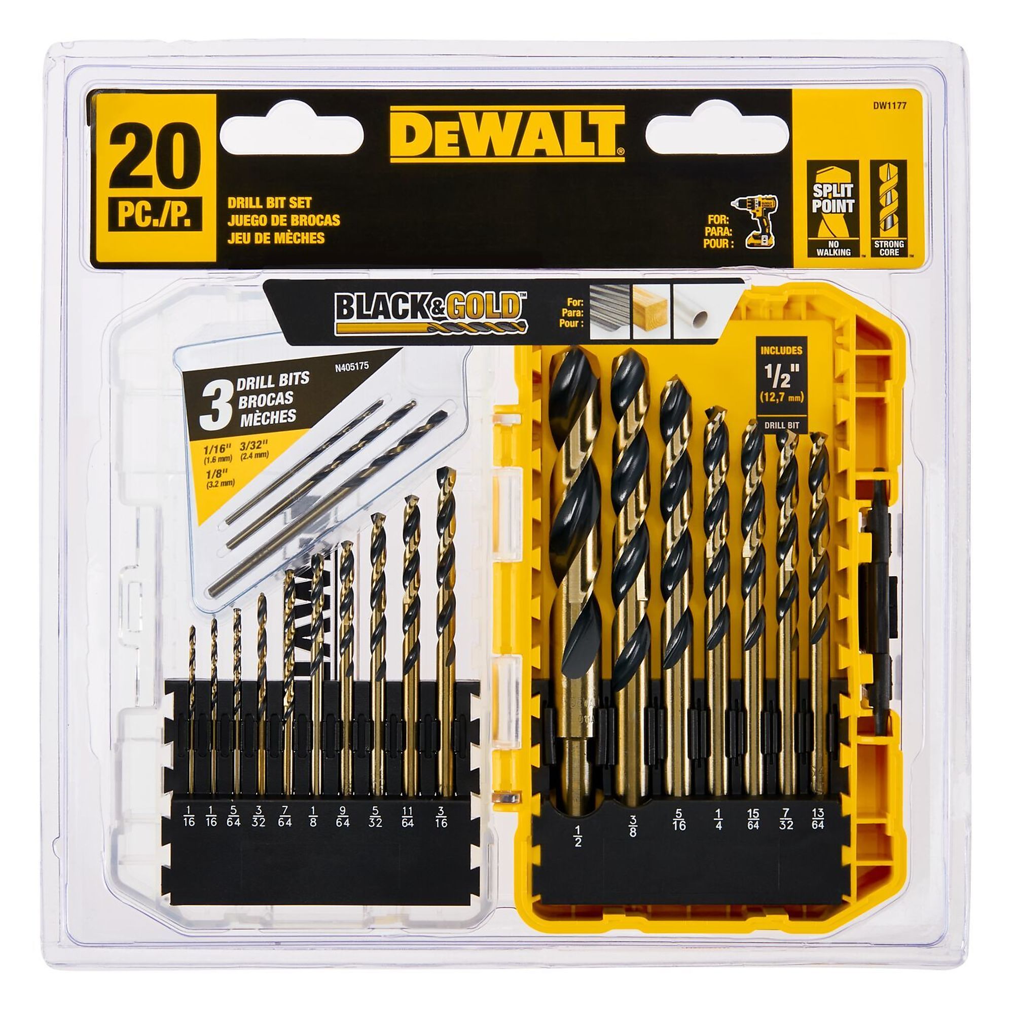 DEWALT Black & Gold Metal Drill Bit Set, 20-Piece, Model DW1177