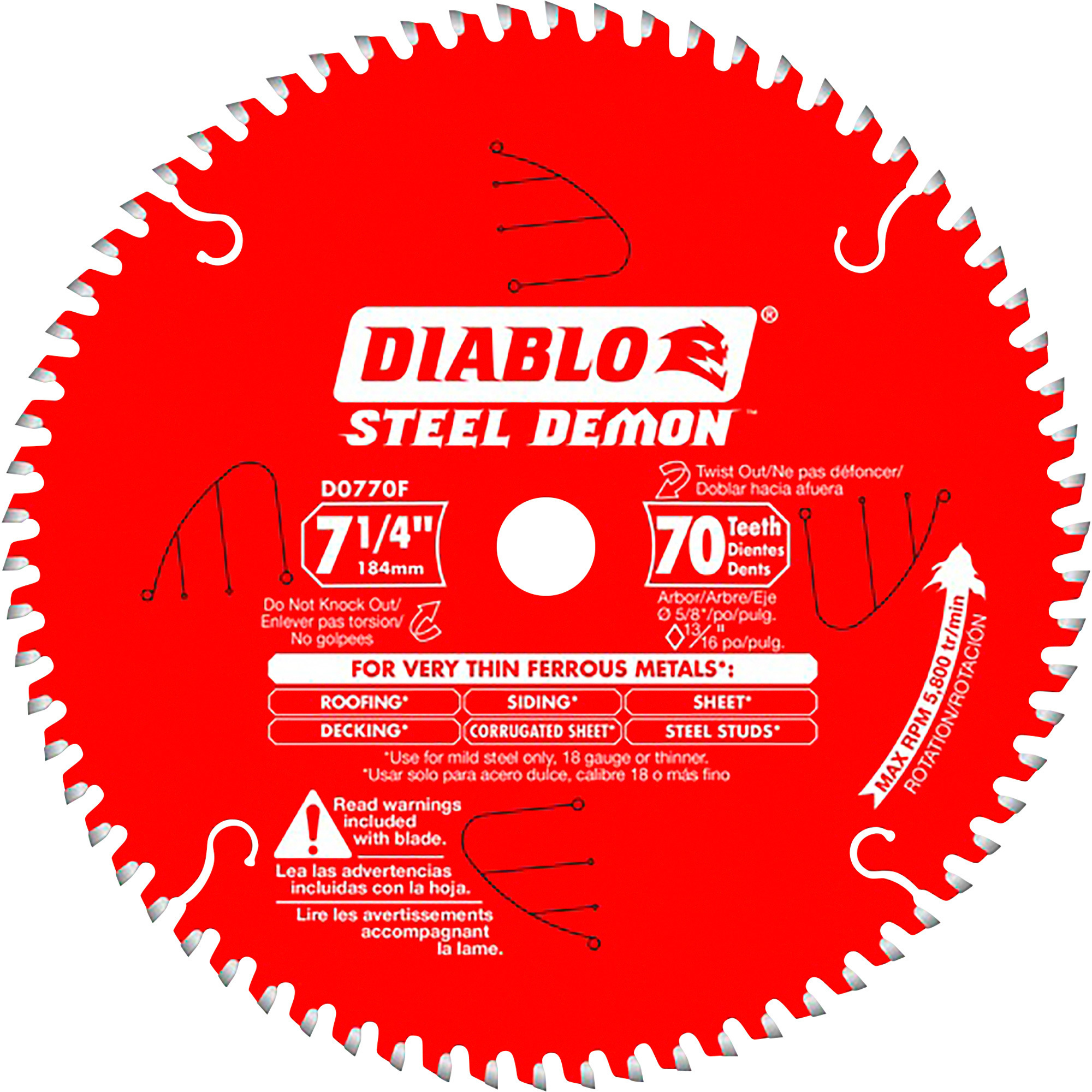 Diablo Steel Demon 7-1/4Inch Circular Saw Blade, Ferrous Metal Cutting, 70T, Model D0770FA