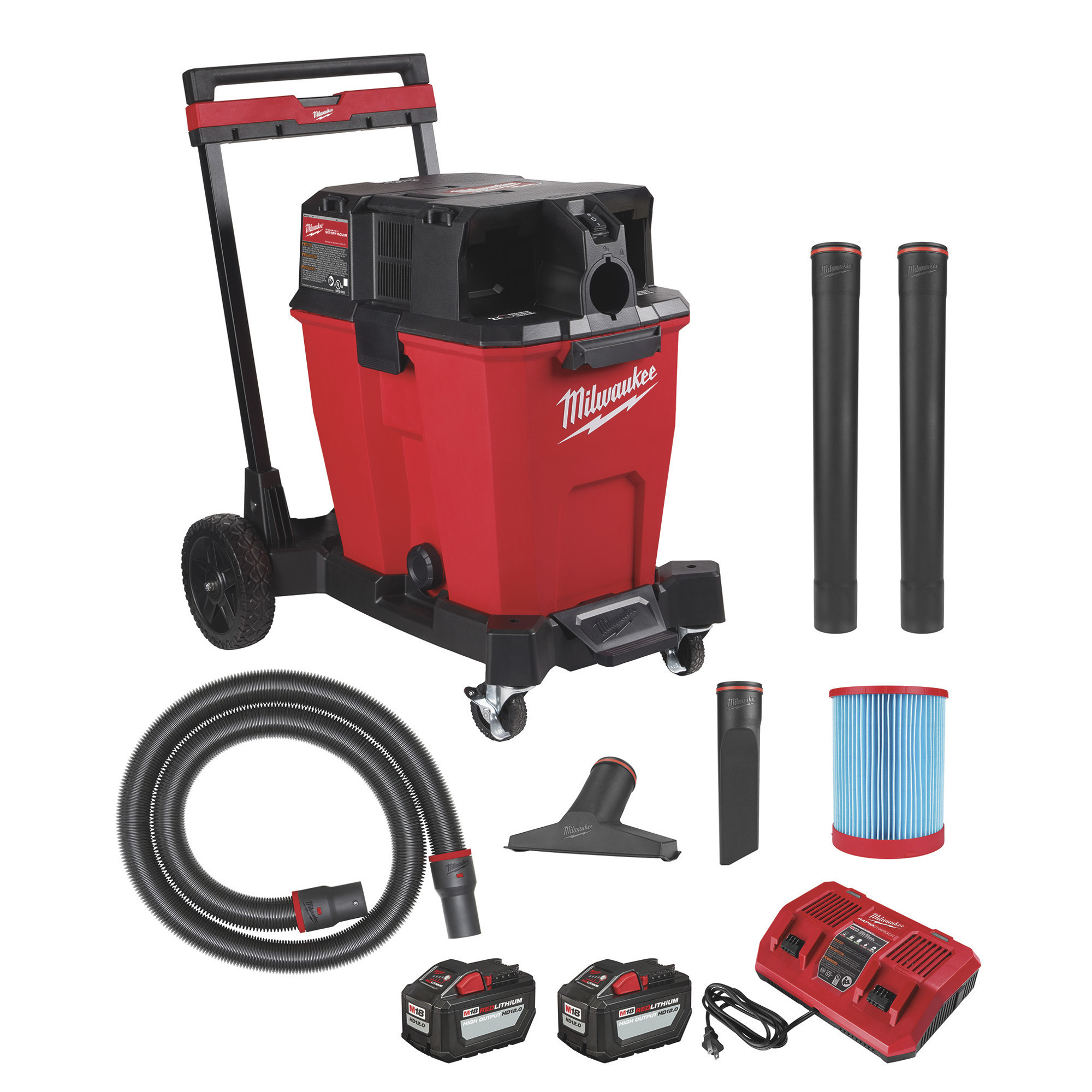 Milwaukee M18 FUEL Cordless 9-Gallon Dual-Battery Wet/Dry Vacuum, Two High Output HD12.0 Batteries, Model 0930-22HD