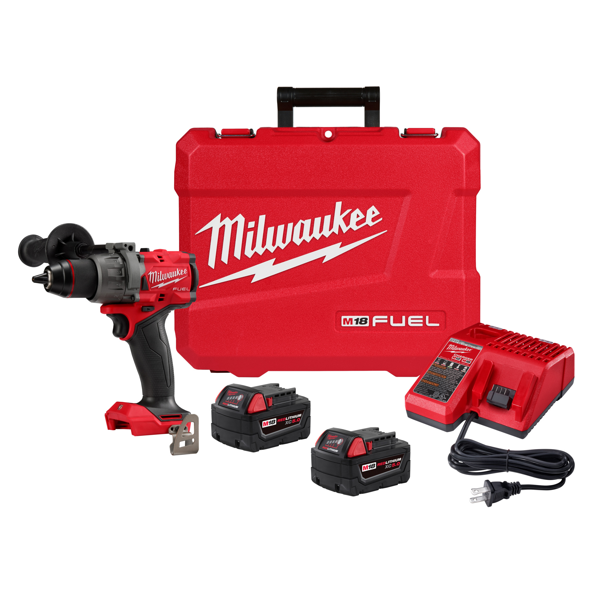 Milwaukee M18 FUEL Hammer Drill/Driver Kit, 1/2Inch Hammer/Drill Driver, 2 Batteries, Charger, Model 2904-22