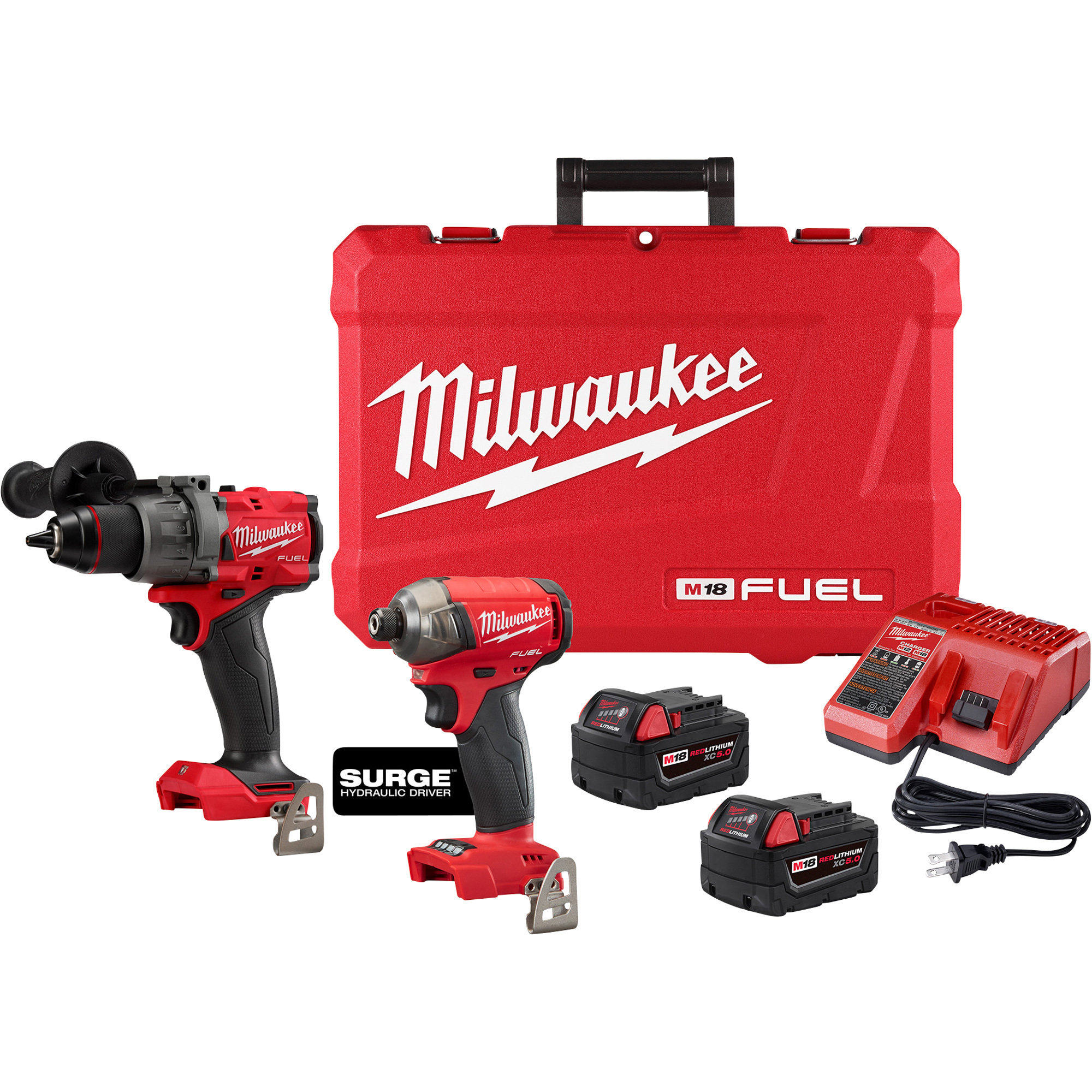 Milwaukee M18 FUEL 2-Tool Brushless Combo Kit, 1/2Inch Hammer Drill, 1/4Inch Hex Hydraulic Driver, 2 Batteries, Charger, Model 3699-22