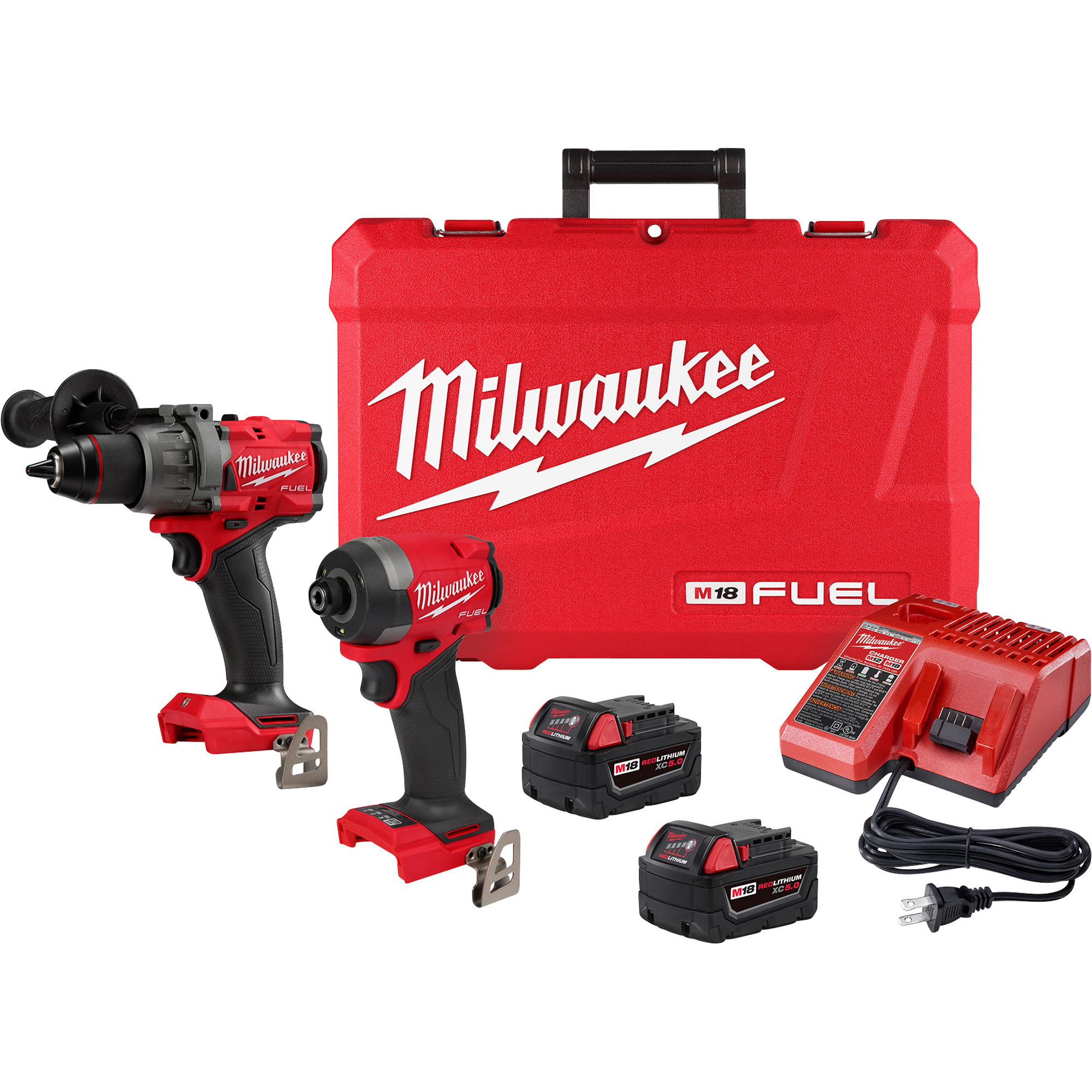 Milwaukee M18 FUEL 2-Tool Combo Kit, 1/2Inch Hammer Drill Driver, 1/4Inch Hex Impact Driver, 2 Batteries, Charger, Model 3697-22