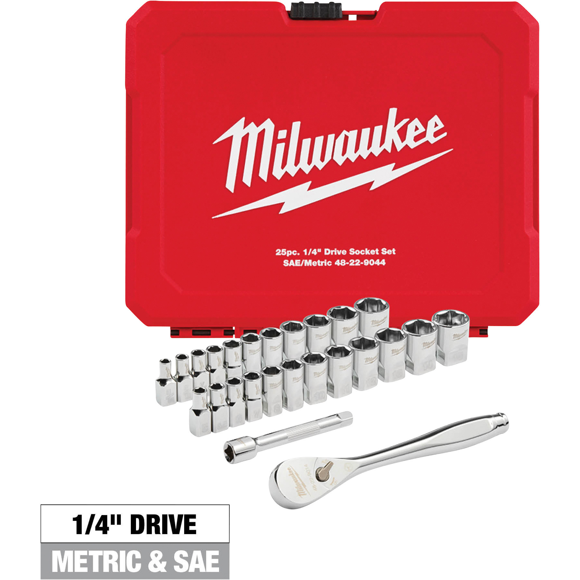 Milwaukee 25-Piece 1/4Inch-Drive Ratchet and Socket Set, SAE/Metric, Model 48-22-9044