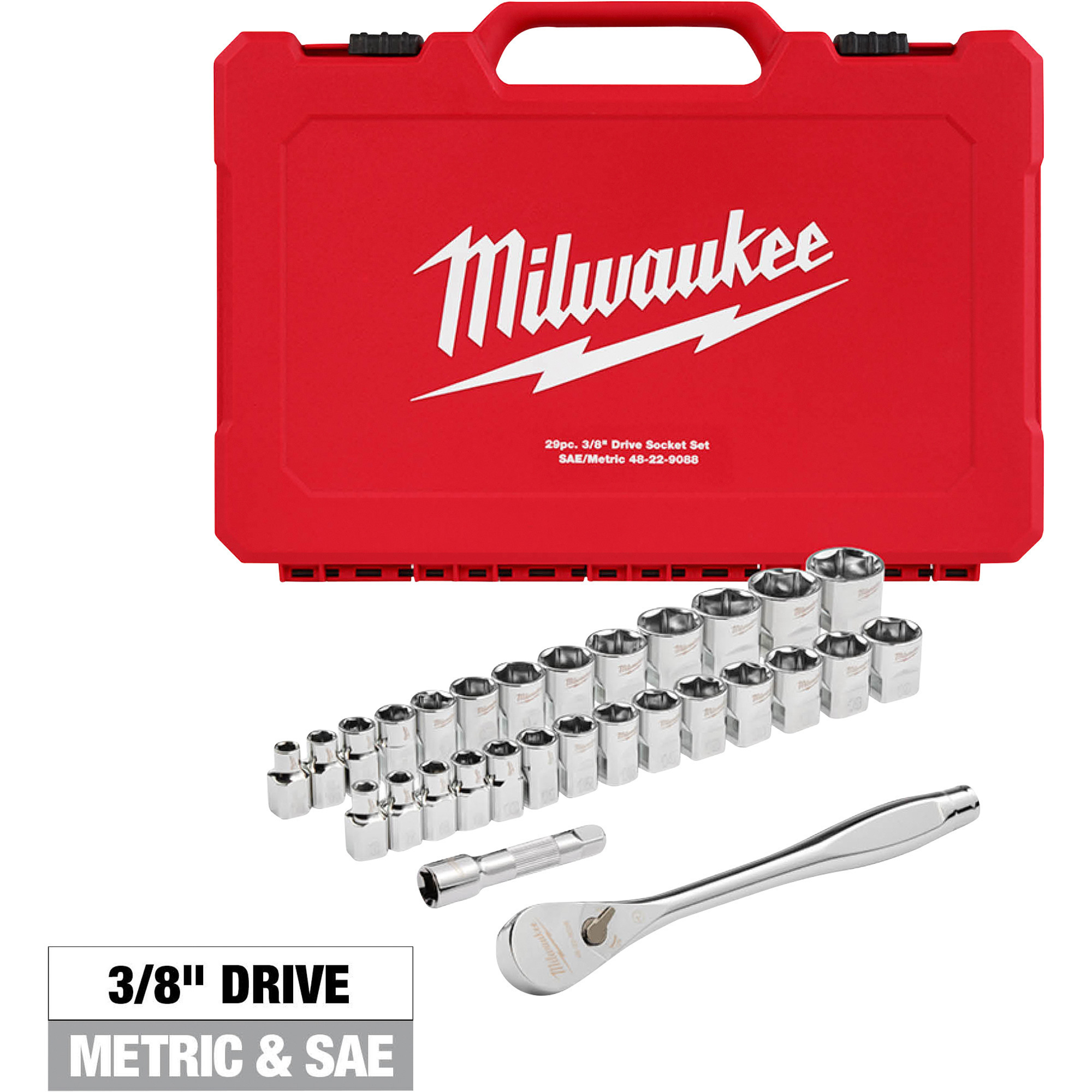 Milwaukee 3/8Inch Drive Ratchet & Socket Set, 29-Piece, SAE/Metric, Model 48-22-9088