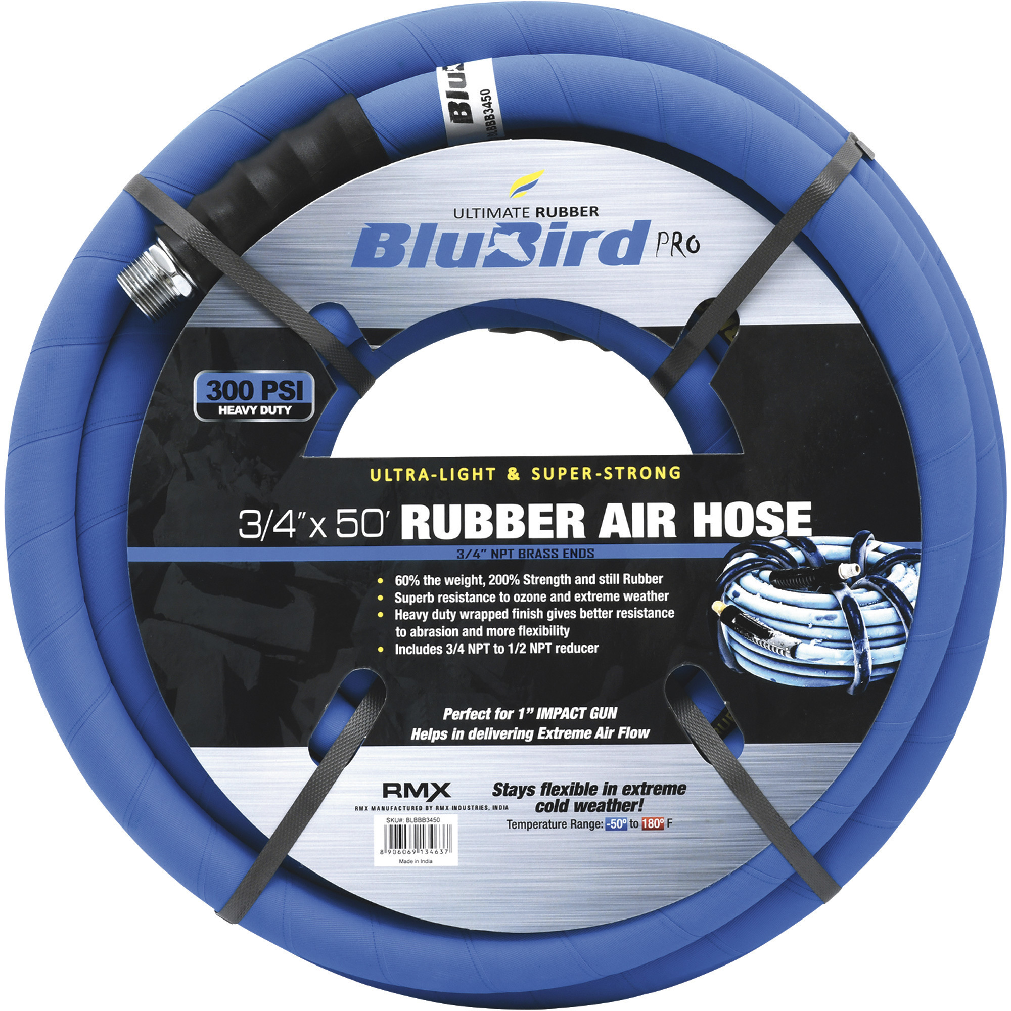 BluBird Rubber Air Hose, 3/4Inch x 15ft., 3/4Inch to 1/2Inch Reducer, 300 PSI, Model BB3450