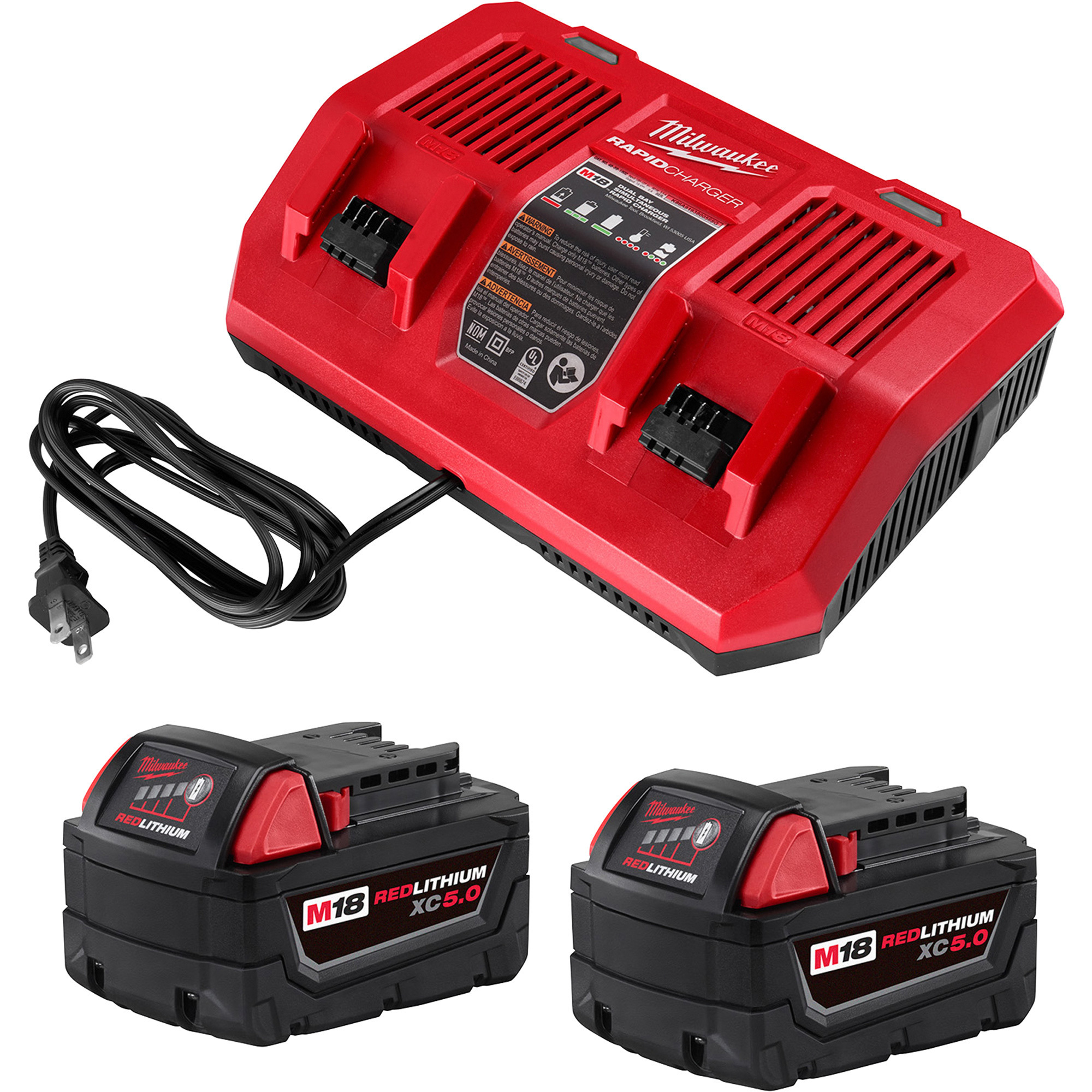 Milwaukee M18 REDLITHIUM 5Ah XC Dual Bay Rapid Charger Kit, 2. Battery Packs, Model 48-59-1852PD