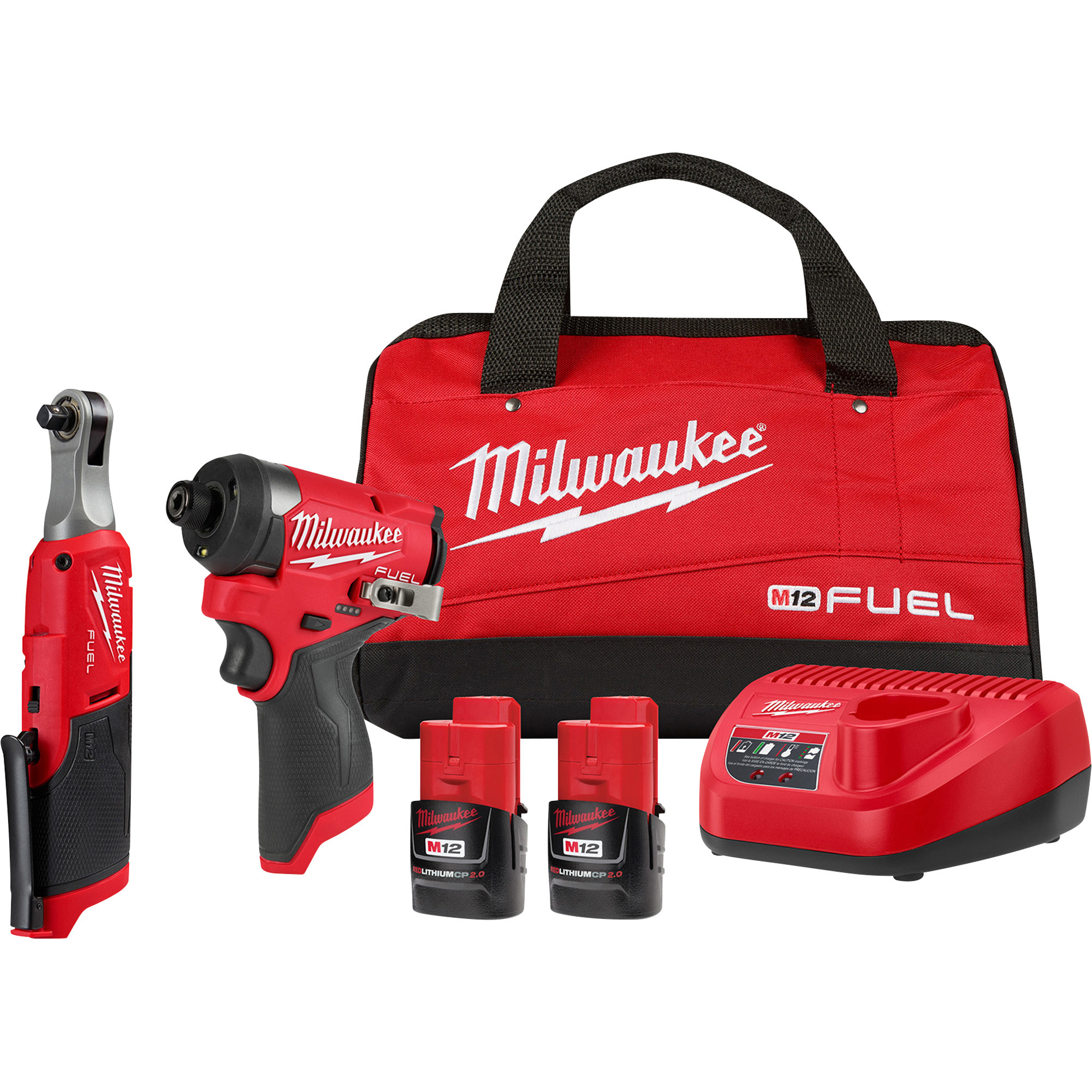 Milwaukee M12 FUEL Cordless 2-Tool Combo Kit, 1/4Inch Hex Impact Driver and 3/8Inch High-Speed Ratchet, 2 Batteries, Model 3453-22HSR