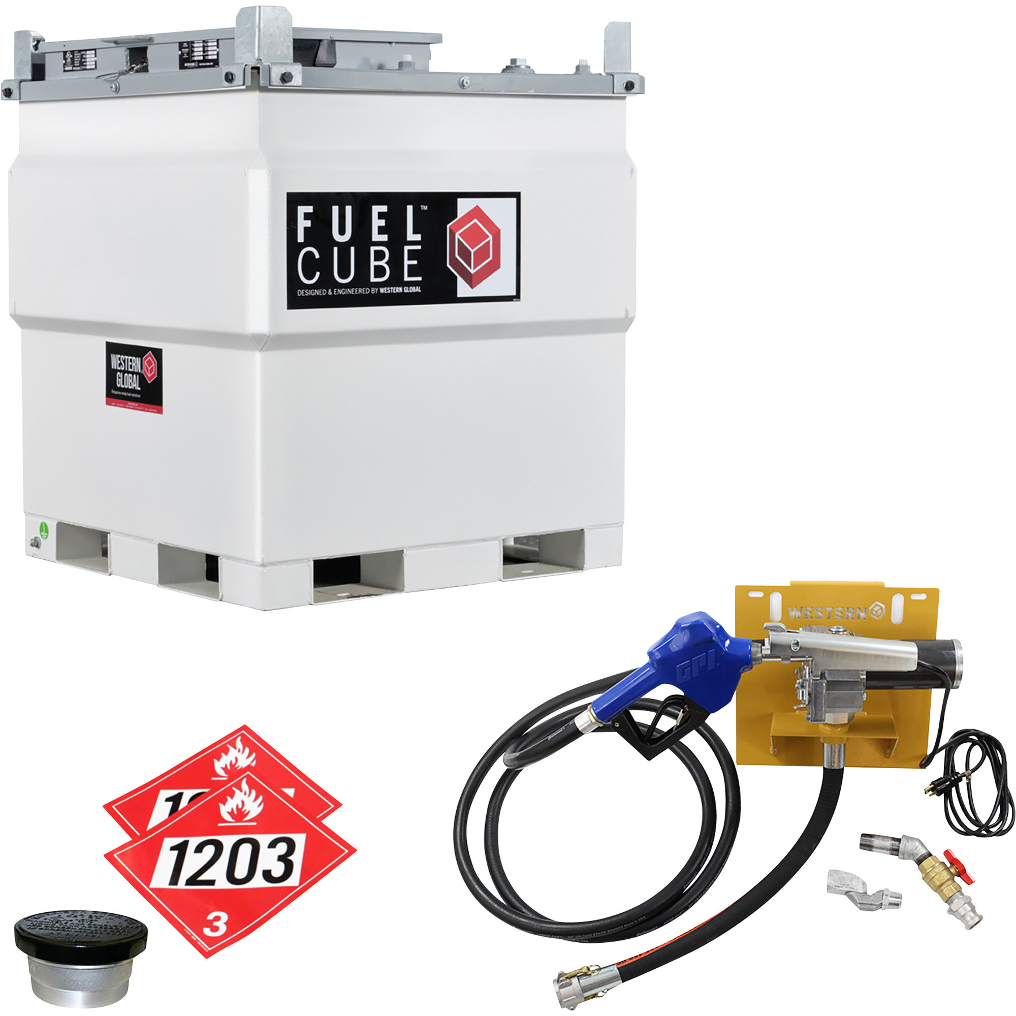 Western Global FuelCube Gasoline Fuel Tank Kit with Venting Kit, Pump and Fuel Level Gauge, Model FCPWN0250-11512GP-SNN-G