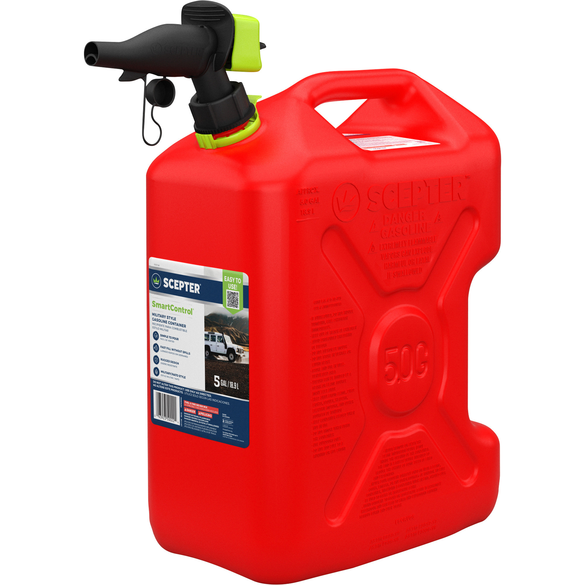 Scepter Military-Style Gas Can with SmartControl Spout, 5 Gallons, Red, Model FSCRVG5