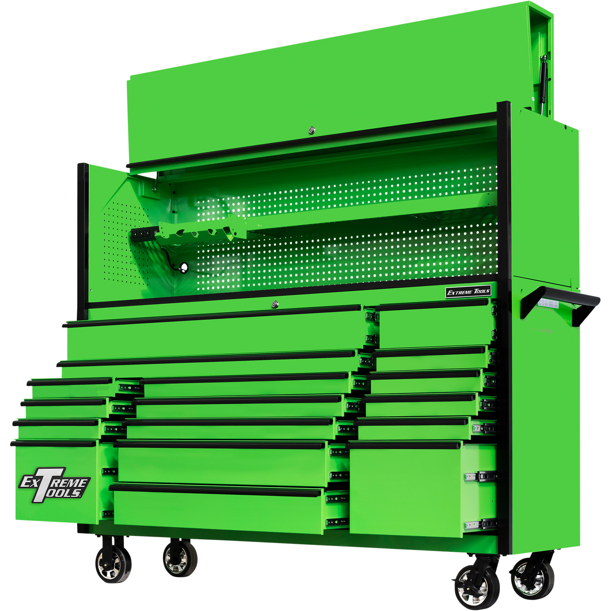 Extreme Tools Extreme Power Workstation Hutch and 17-Drawer Roller Cabinet Combo, Green/Black, Model DX7218HRGK