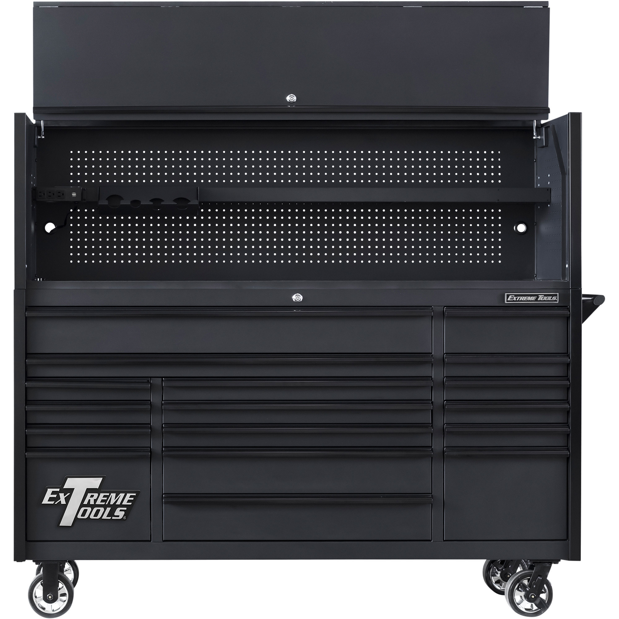 Extreme Tools Extreme Power Workstation Hutch and 17-Drawer Roller Cabinet Combo, Matte Black, Model DX7218HRMK