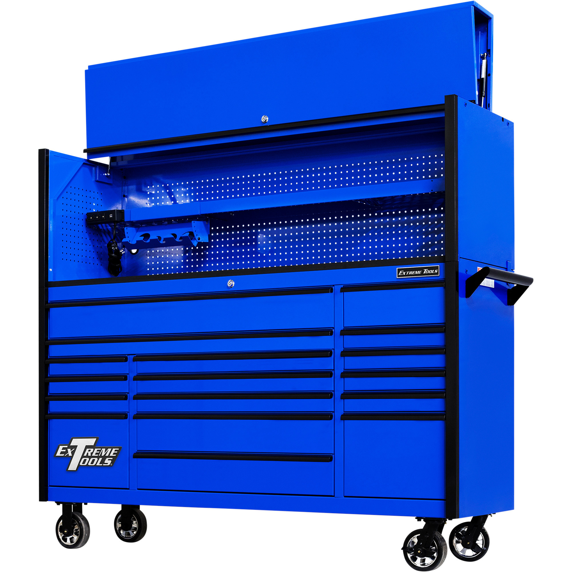 Extreme Tools Extreme Power Workstation Hutch and 17-Drawer Roller Cabinet Combo, Blue/Black, Model DX7218HRUK