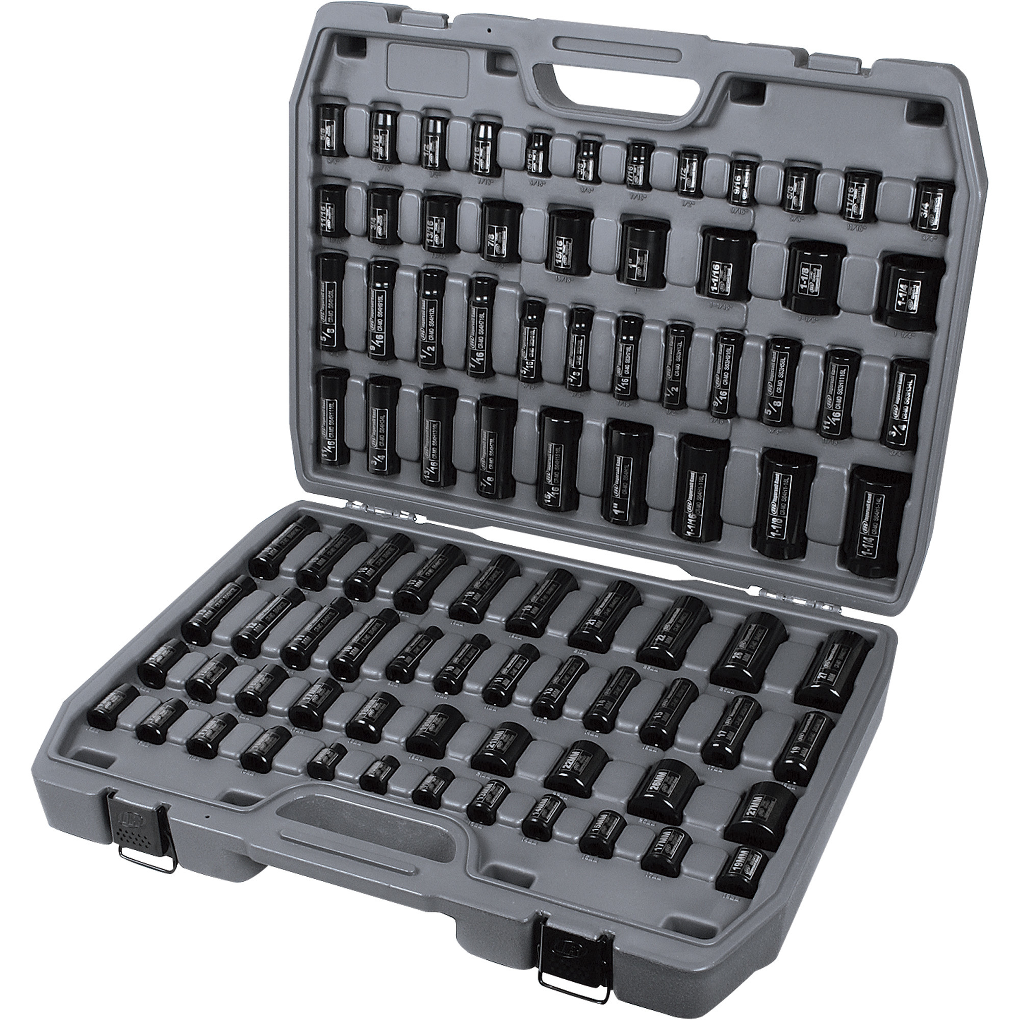 Ingersoll Rand Mega Impact Sockets, 86-Piece Set, 3/8Inch and 1/2Inch Drives, SAE and Metric, Model SK34C86