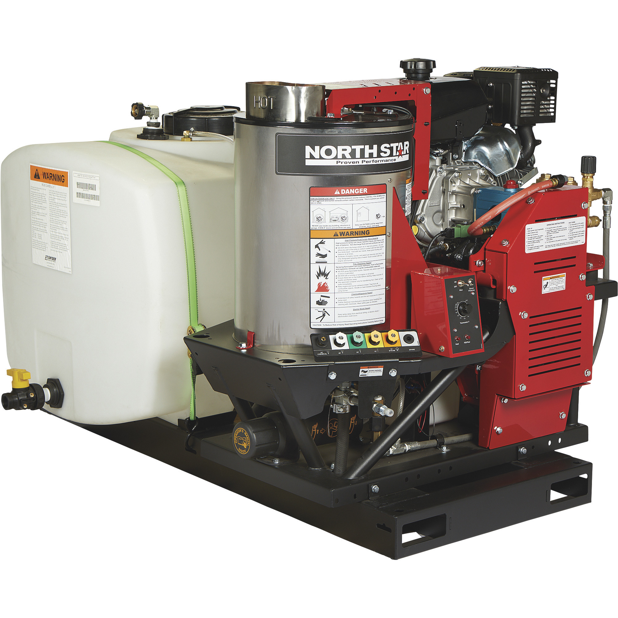 NorthStar Hot Water Pressure Washer Skid with Wet Steam, 3000 PSI, 4.0 GPM, Kohler Engine, 100-Gal. Water Tank, Model 157116