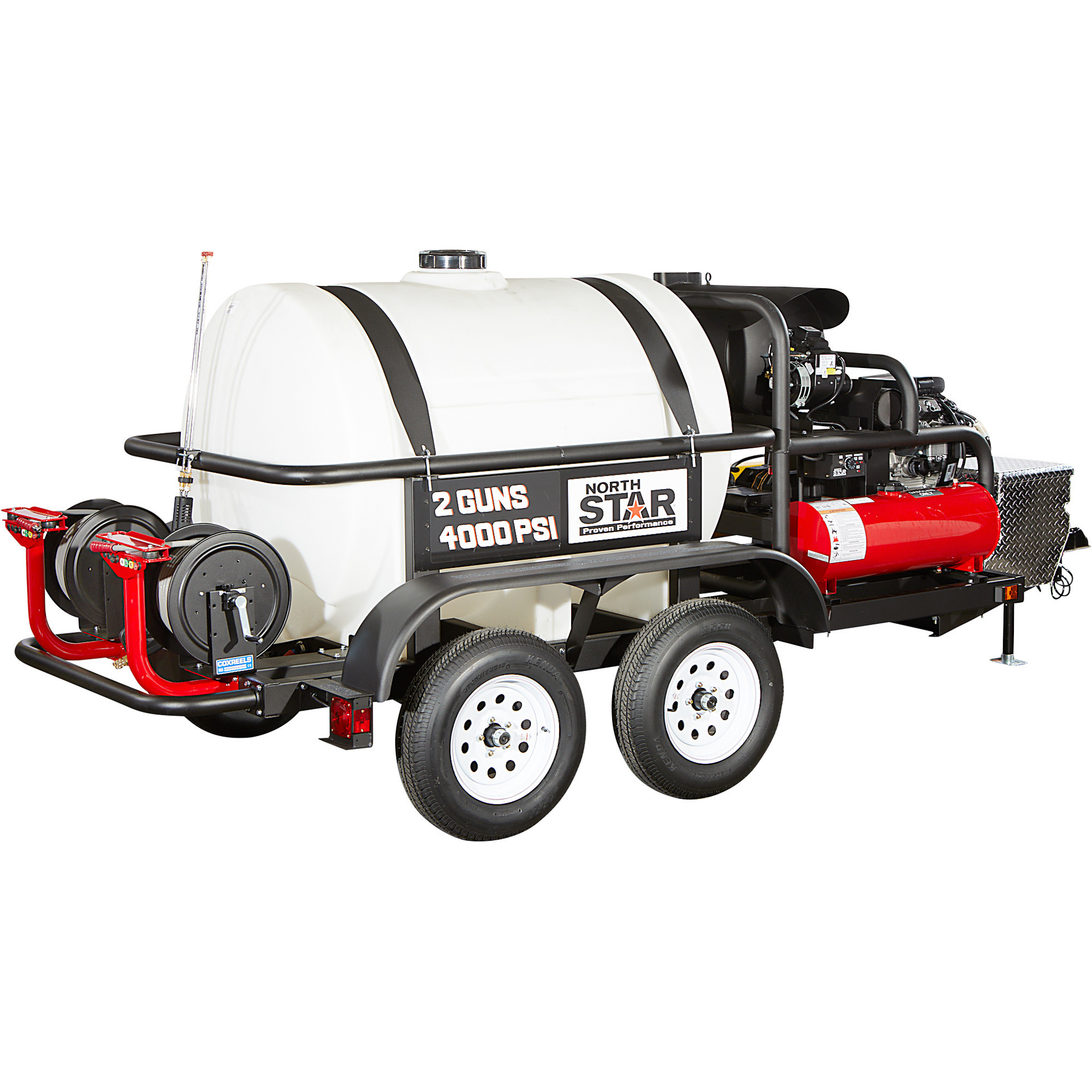 NorthStar Hot Water Commercial Pressure Washer Trailer with 2 Wands, 4000 PSI, 7.0 GPM, NorthStar Engine, 525-Gal. Water Tank