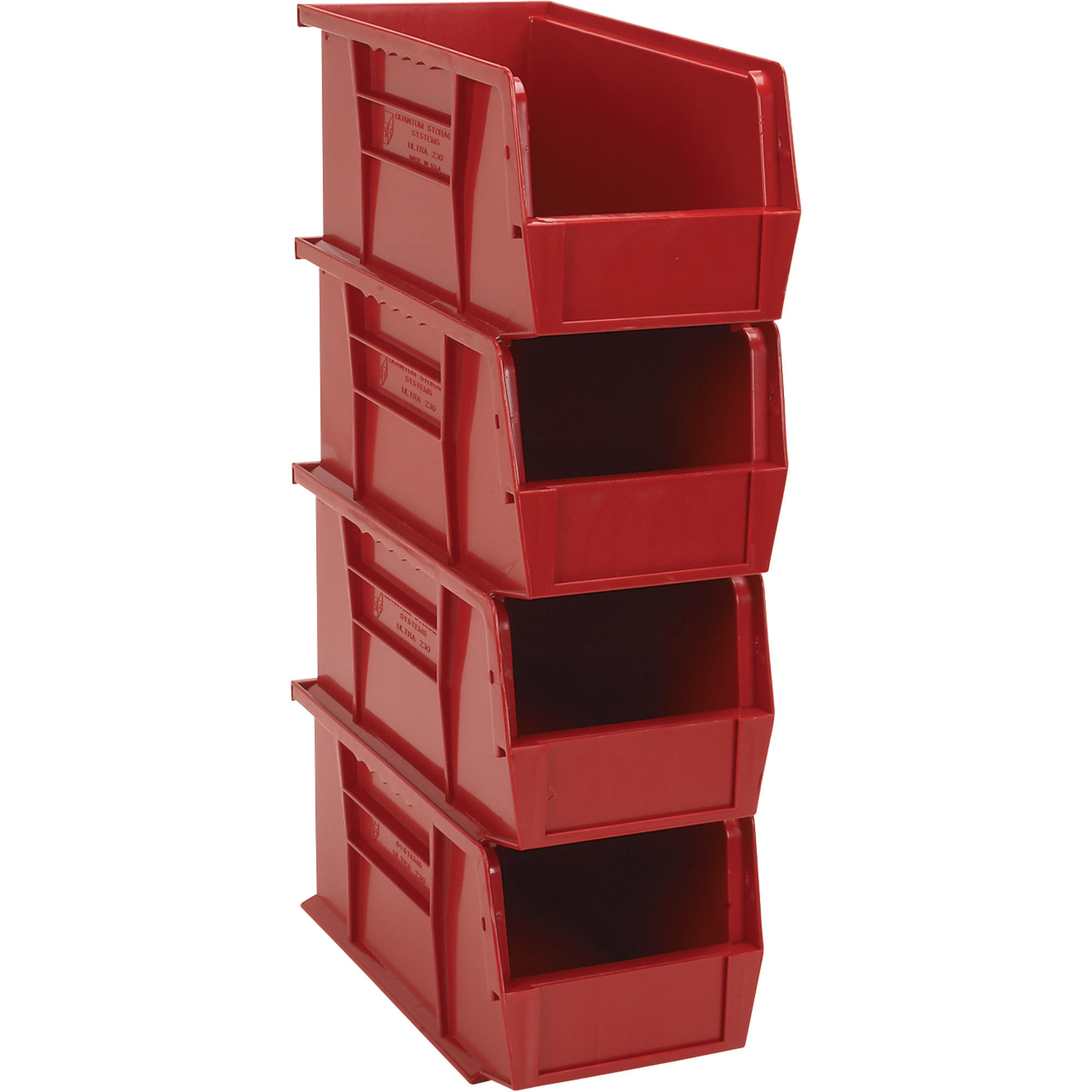 Quantum Heavy-Duty Storage Bins, 4-Pack, Red, 10 7/8Inch L x 5 1/2Inch W x 5Inch H Bin Size, Model NTE-RQUS230RD