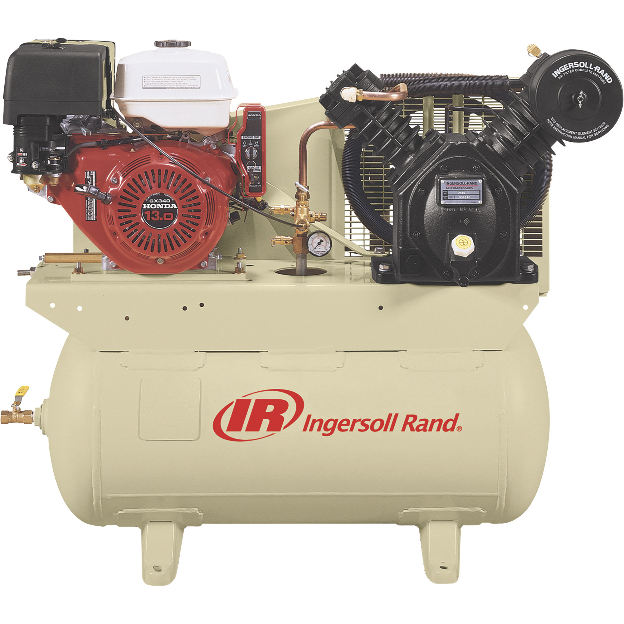 Ingersoll Rand 24 CFM @ 175 PSI Gas-Powered Air Compressor â 13 HP Honda Engine with Alternator, 30-Gallon Horizontal Tank, Model 2475F13GH