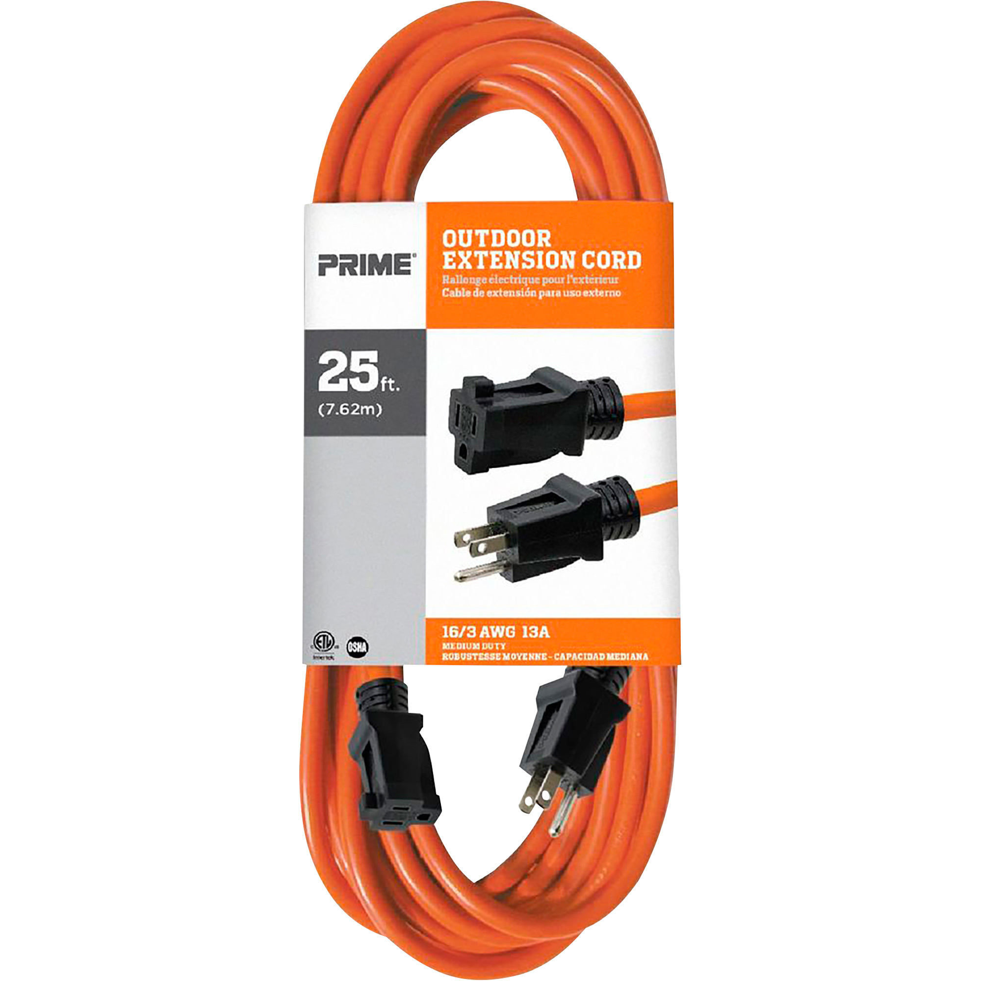 Wire & Cable Outdoor Extension Cord, 25ft., 16/3 Gauge, 13 Amps, Orange, Model - Prime EC501625