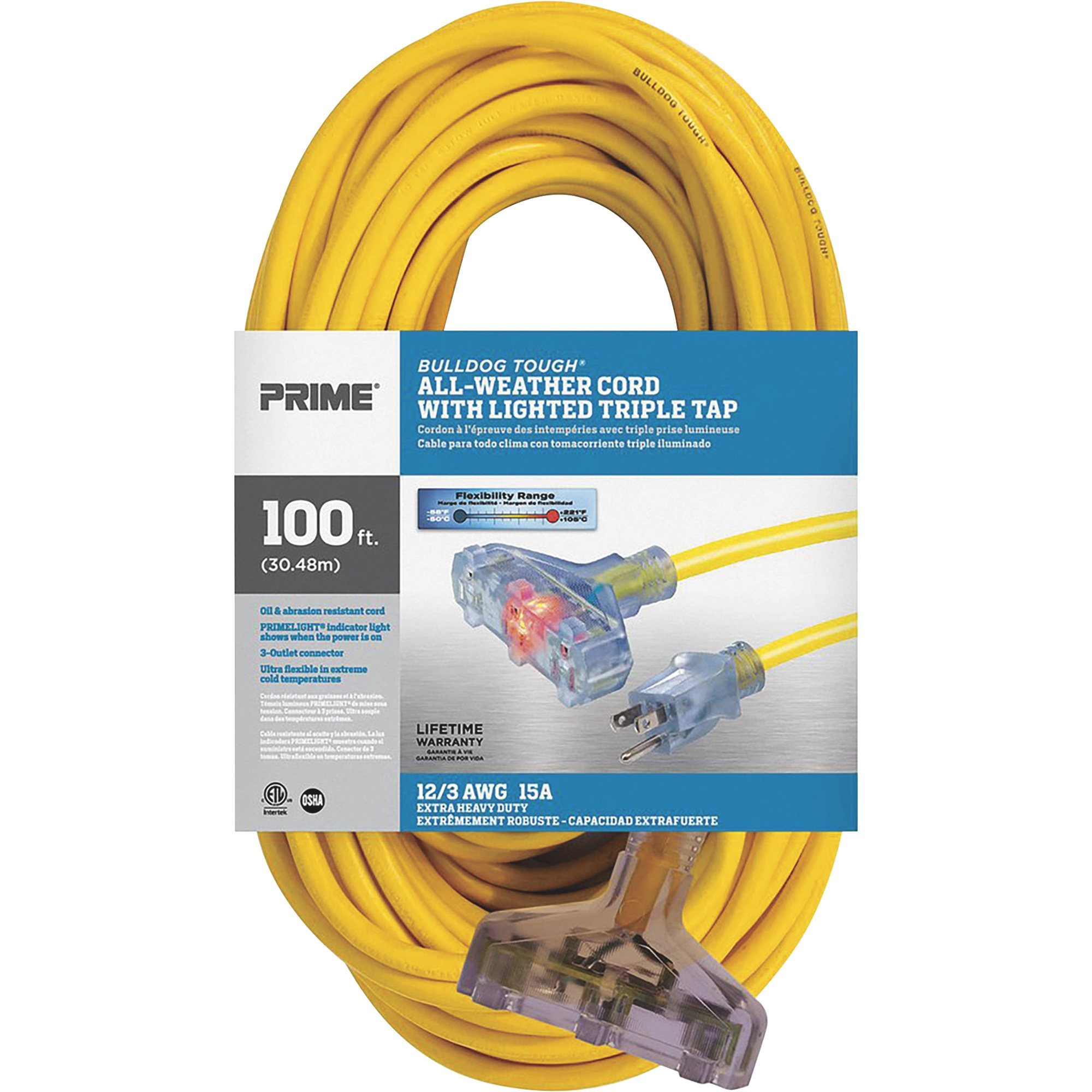 Prime Wire & Cable Bulldog Tough Outdoor Extension Cord with Triple Tap, 100ft., 12/3 Gauge, 15 Amps, Yellow, Model LT611835