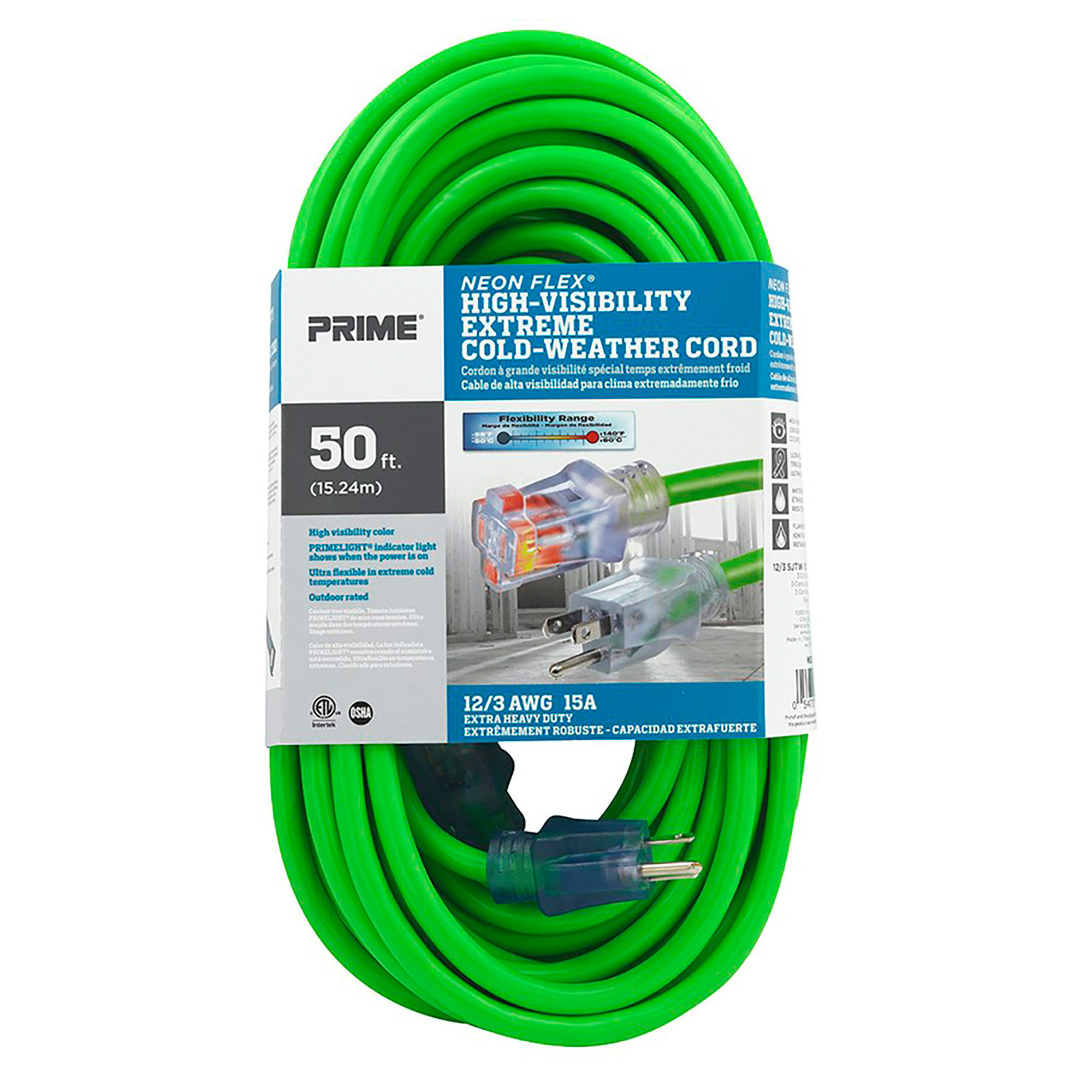 Prime Wire & Cable Heavy-Duty Outdoor Neon Extension Cord, 50Ft., 12/3 Gauge, 15 Amps, Green, Model NS512830