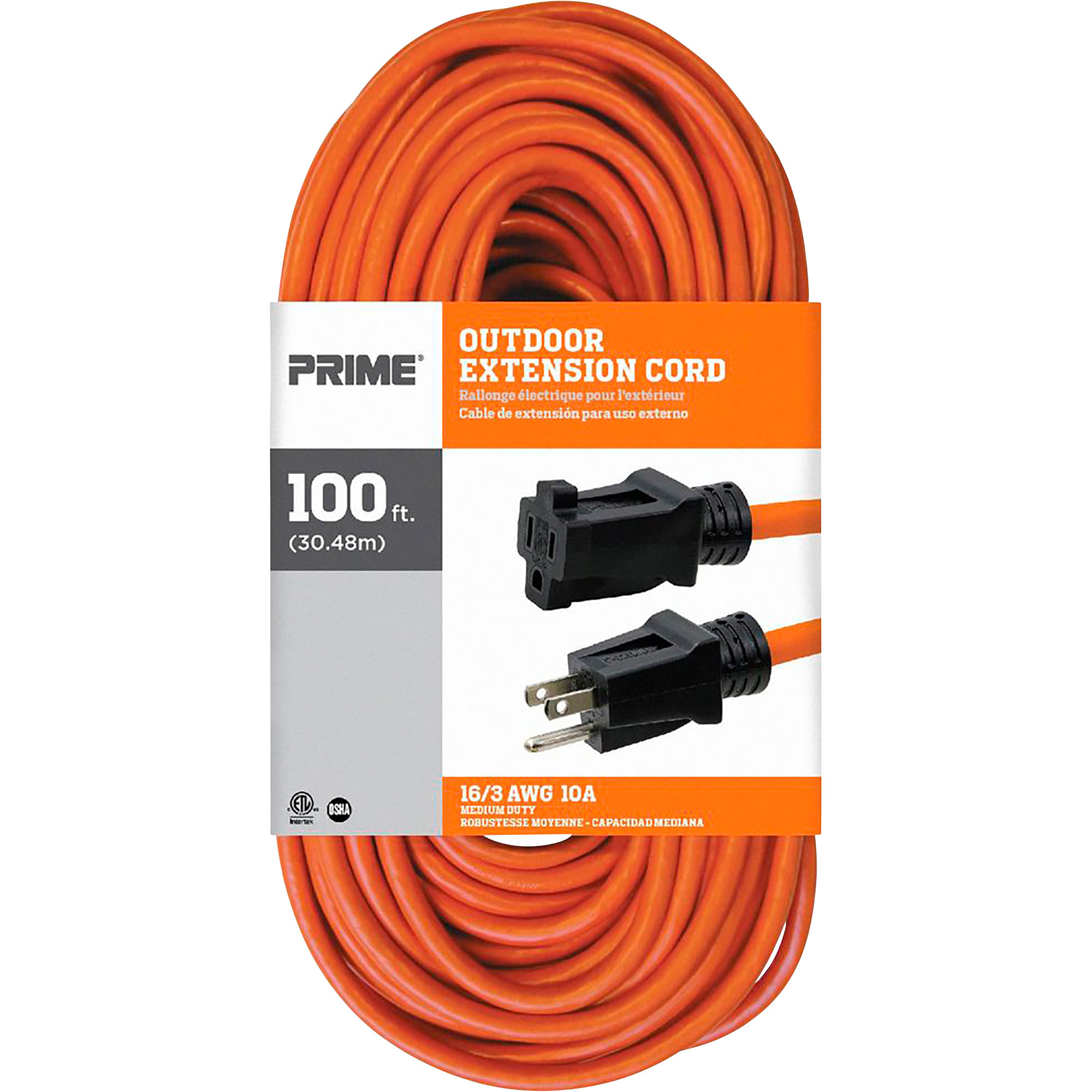 Prime Wire & Cable Outdoor Extension Cord, 100ft., 16/3 Gauge, 10 Amps, Orange, Model EC501635