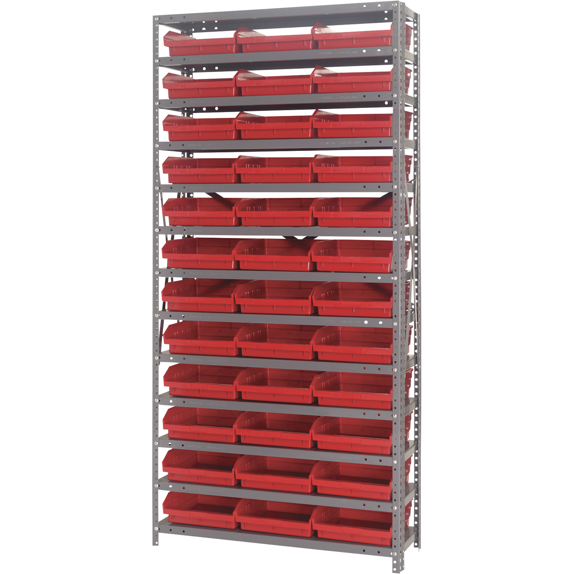 Quantum Storage Single Side Metal Shelving Unit With 36 Bins, 12Inch x 36Inch x 75Inch Rack Size, Red, Model 1275-109RD