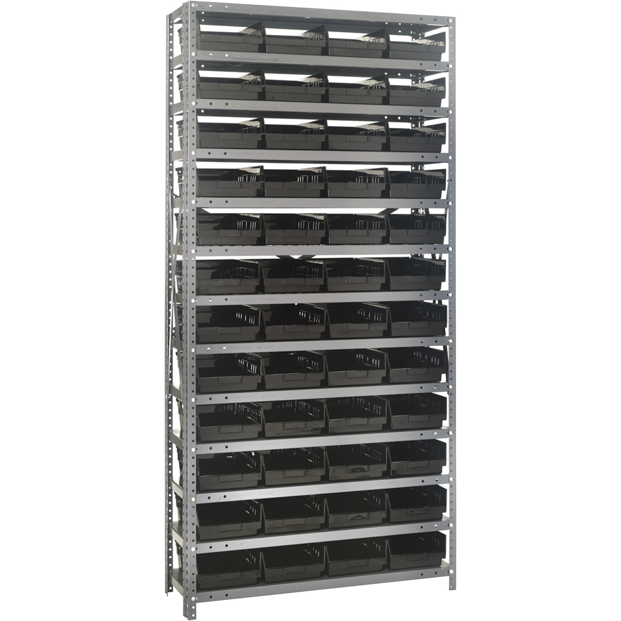 Quantum Storage Single Side Metal Shelving Unit With 48 Bins, 12Inch x 36Inch x 75Inch Rack Size, Black, Model 1275-107BK