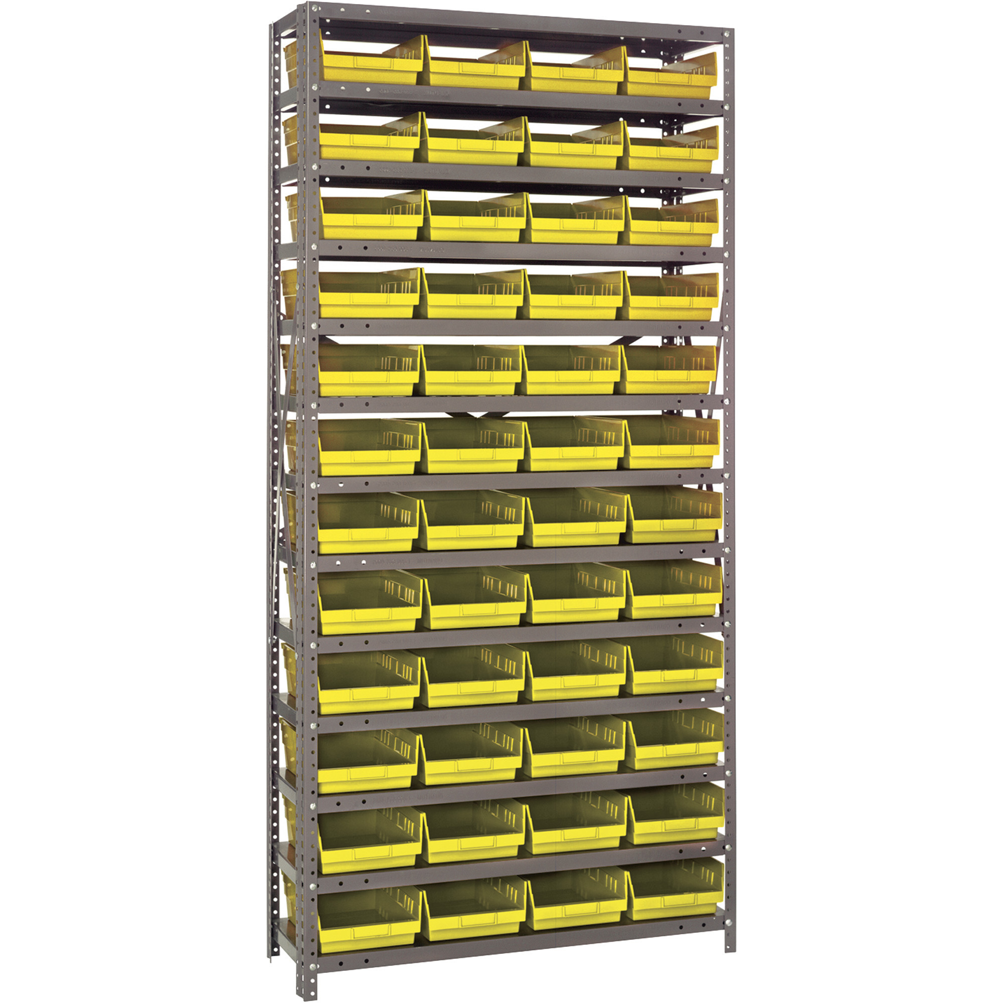 Quantum Storage Single Side Metal Shelving Unit With 48 Bins, 12Inch x 36Inch x 75Inch Rack Size, Yellow, Model 1275-107YL