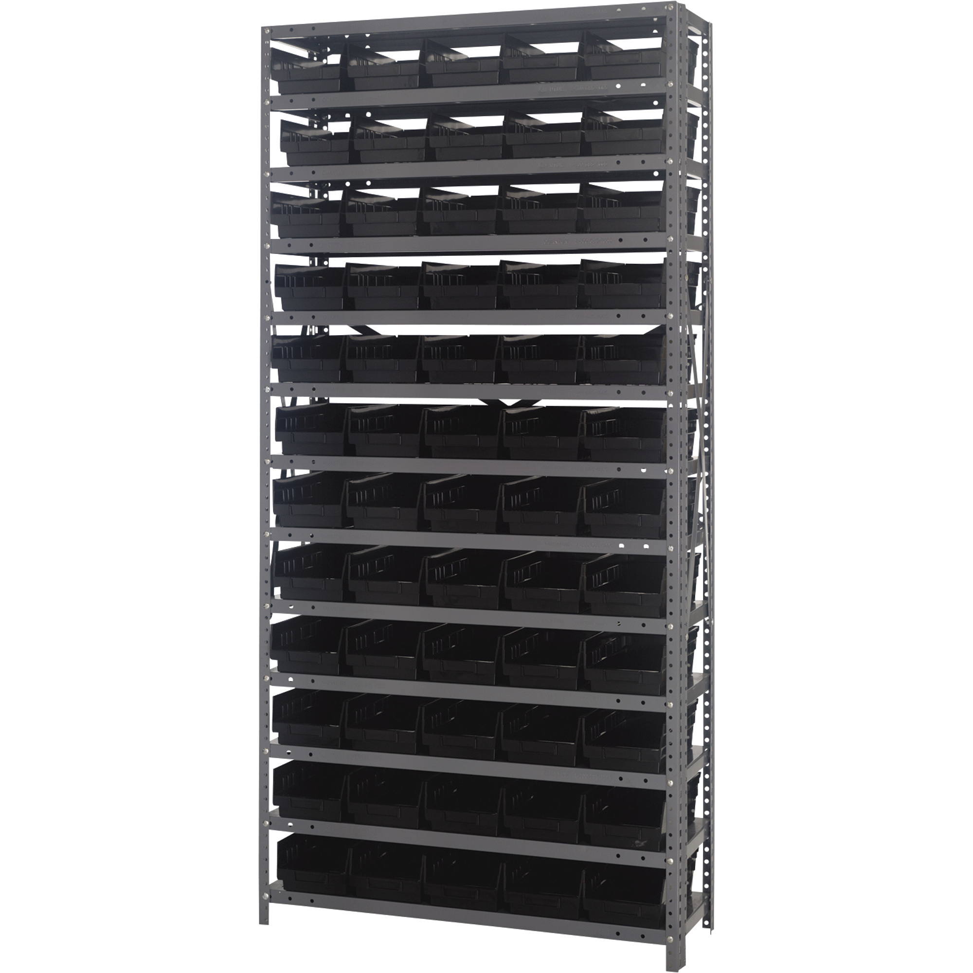 Quantum Storage Single Side Metal Shelving Unit With 60 Bins, 12Inch x 36Inch x 75Inch Rack Size, Black, Model 1275-102BK