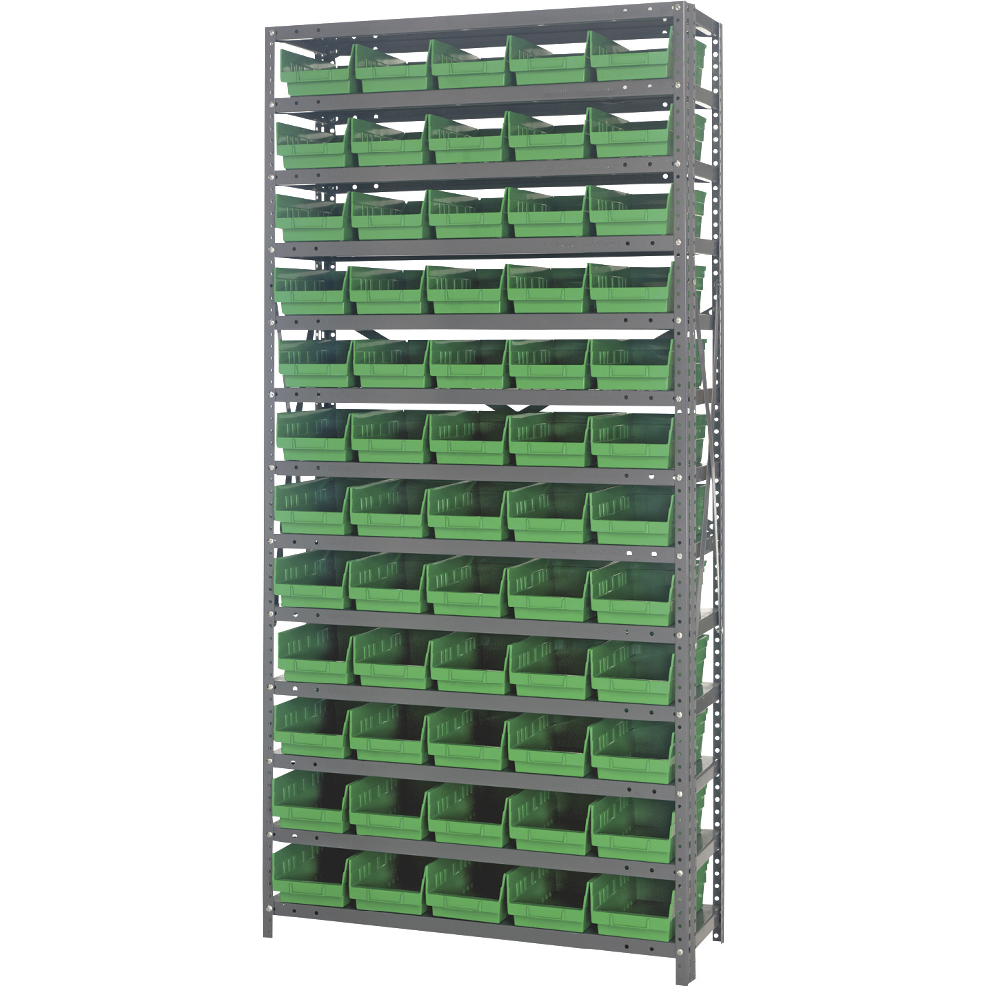 Quantum Storage Single Side Metal Shelving Unit With 60 Bins, 12Inch x 36Inch x 75Inch Rack Size, Green, Model 1275-102GN