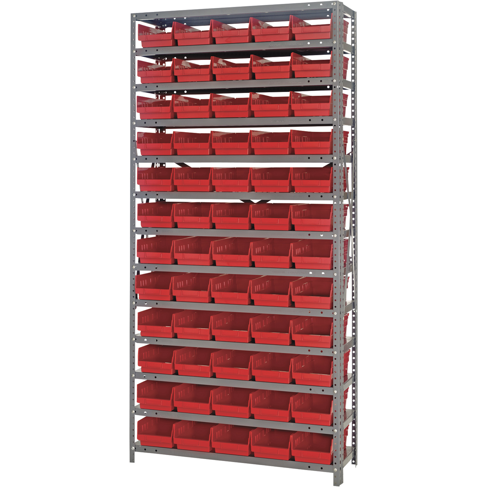 Quantum Storage Single Side Metal Shelving Unit With 60 Bins, 12Inch x 36Inch x 75Inch Rack Size, Red, Model 1275-102RD