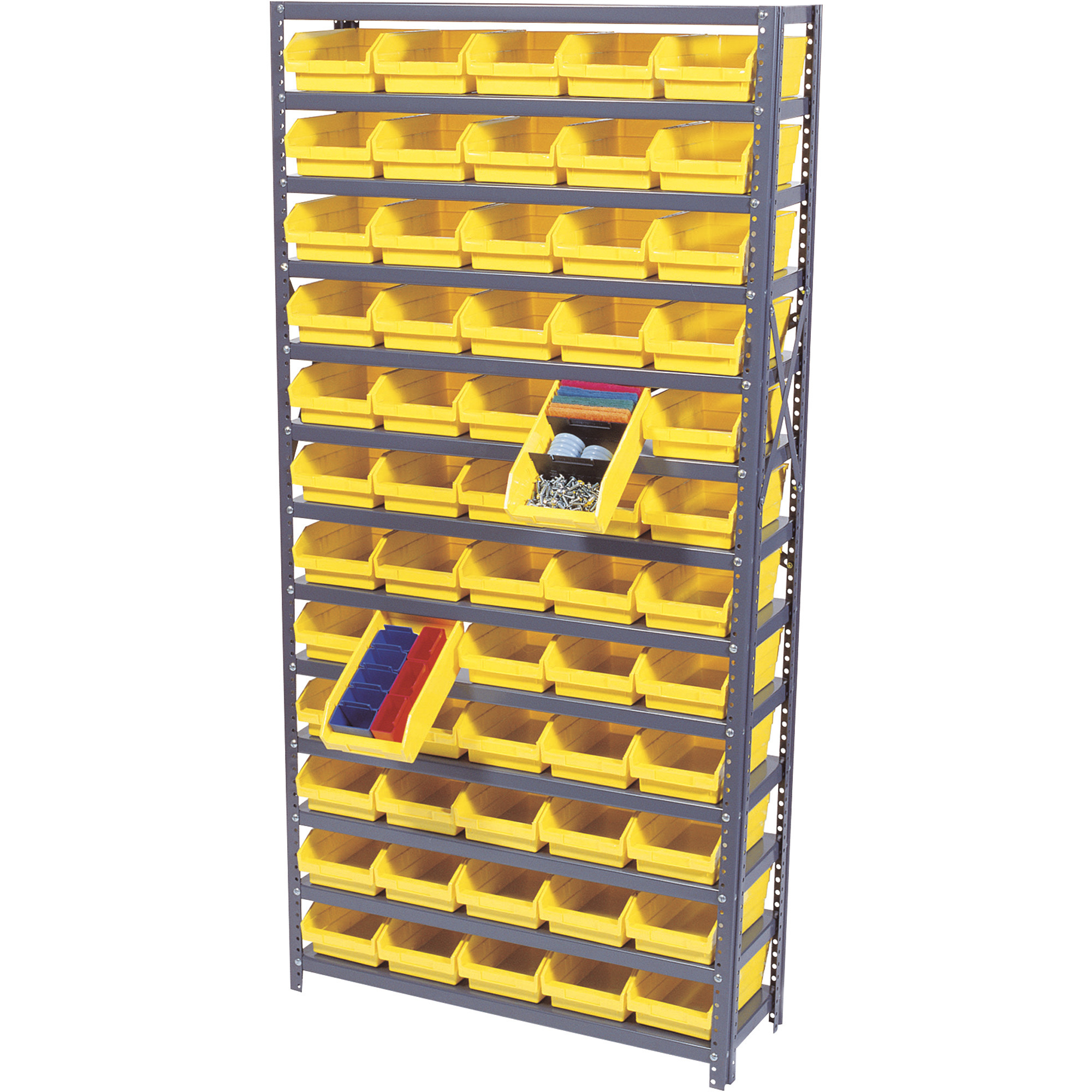 Quantum Storage Single Side Metal Shelving Unit With 60 Bins, 18Inch x 36Inch x 75Inch Rack Size, Yellow, Model 1875-104YL